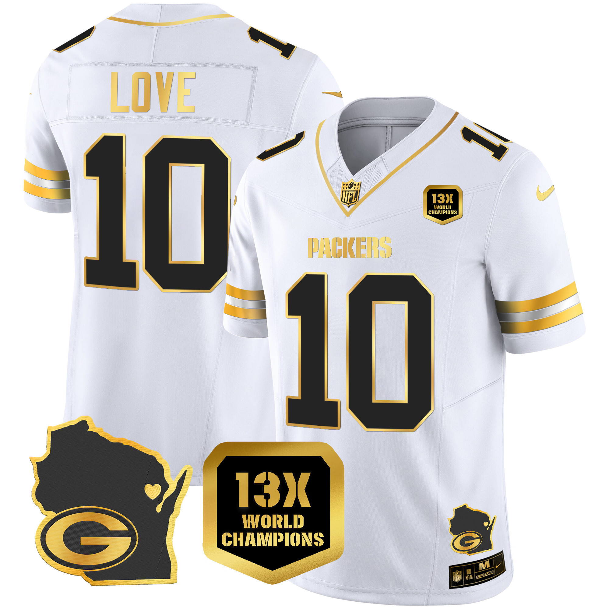 Jordan Love Men's Green Bay Packers 13 Time World Champions & Home Patch Gold Vapor Jersey V2 Ã¯Â¿Â½ All Stitched White Gold Jersey - All Stitched