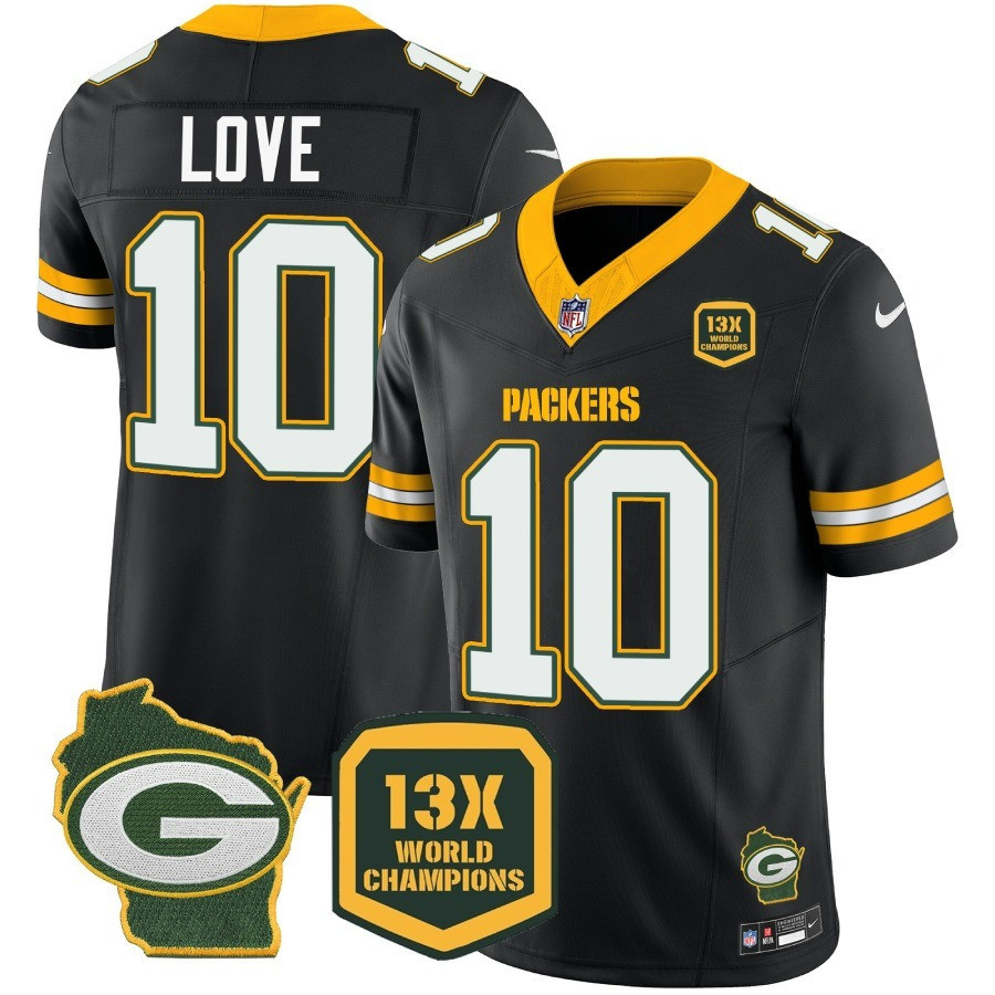 Jordan Love Men's Green Bay Packers 13 Time World Champions & Home Patch Vapor Jersey Ã¯Â¿Â½ All Stitched Black Jersey - All Stitched