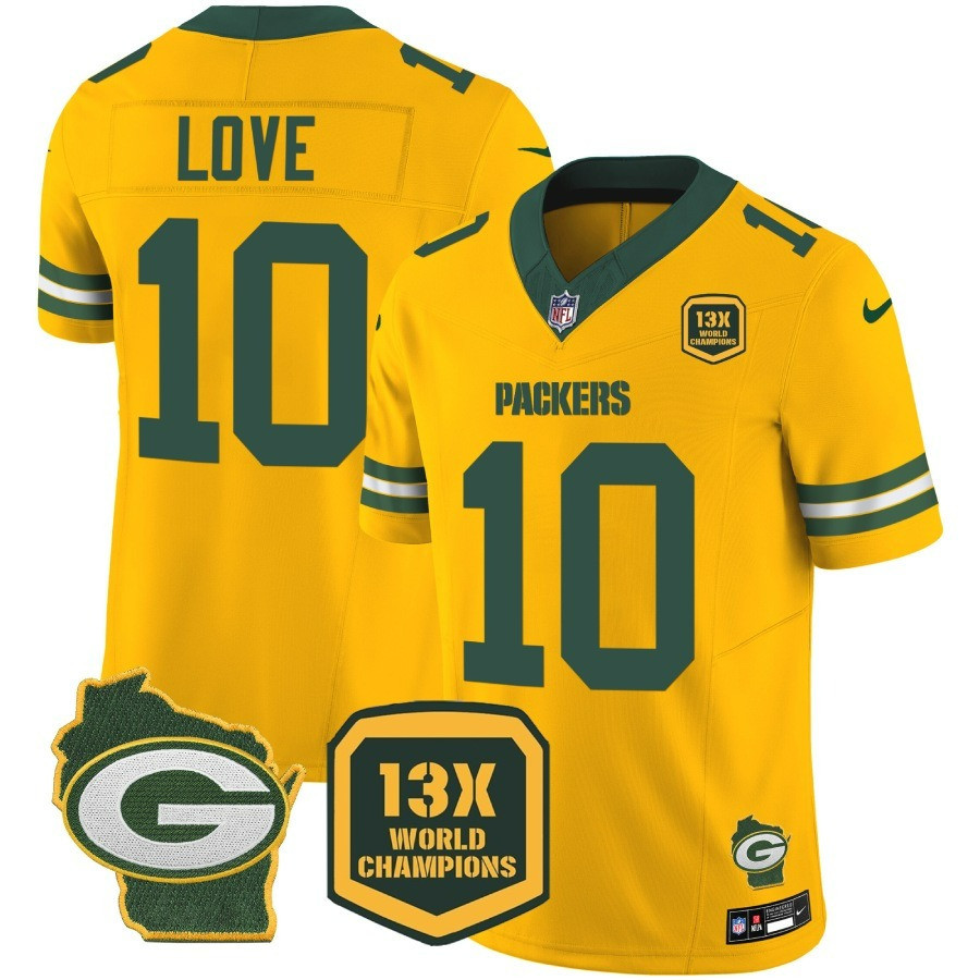 Jordan Love Men's Green Bay Packers 13 Time World Champions & Home Patch Vapor Jersey Ã¯Â¿Â½ All Stitched Gold Jersey - All Stitched