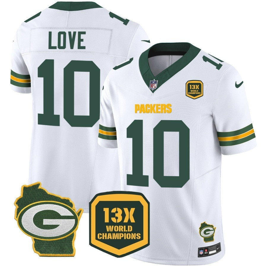 Jordan Love Men's Green Bay Packers 13 Time World Champions & Home Patch Vapor Jersey Ã¯Â¿Â½ All Stitched White Jersey - All Stitched
