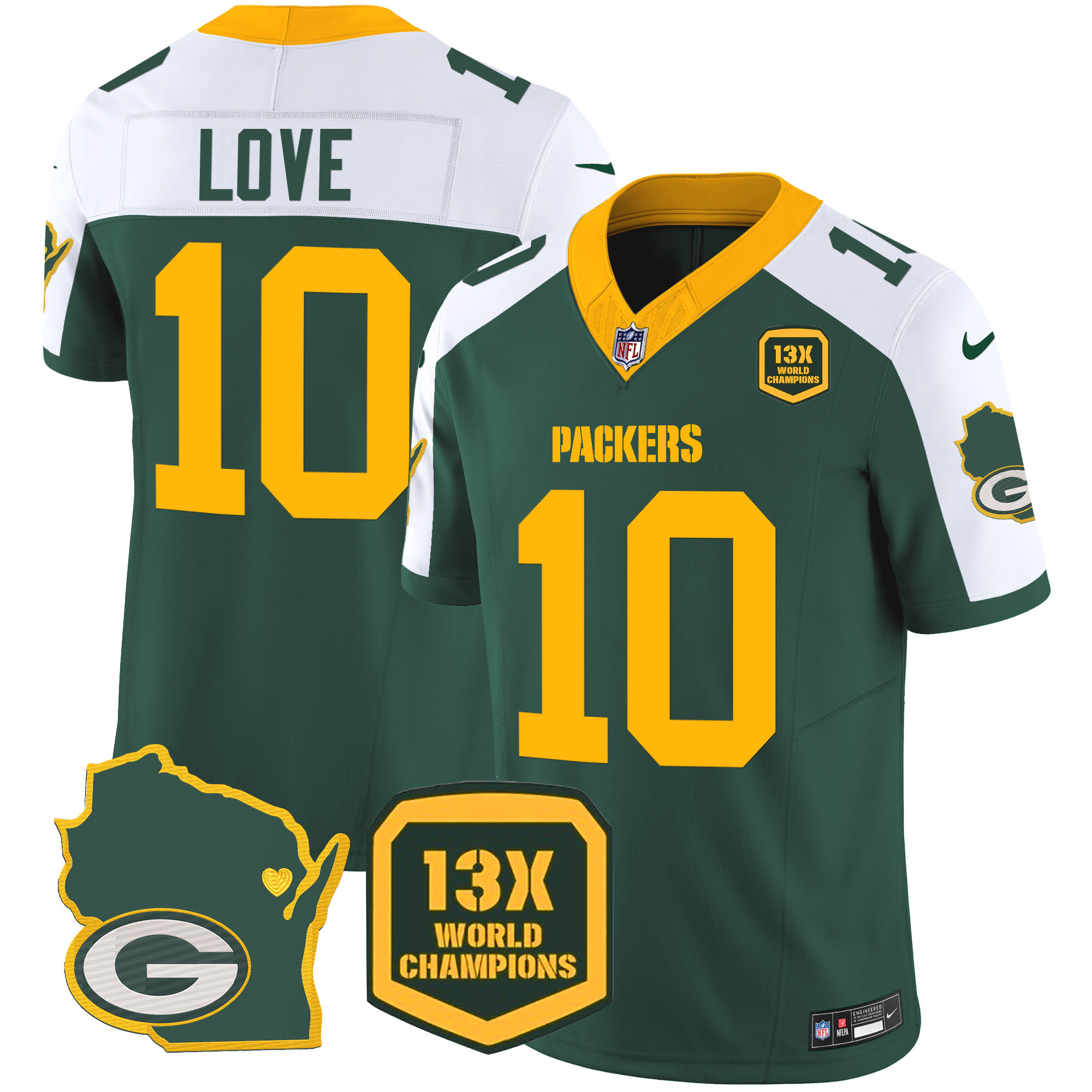 Jordan Love Men's Green Bay Packers 13 Time World Champions & Home Patch Vapor Jersey V2 Ã¯Â¿Â½ All Stitched Alternate Jersey - All Stitched