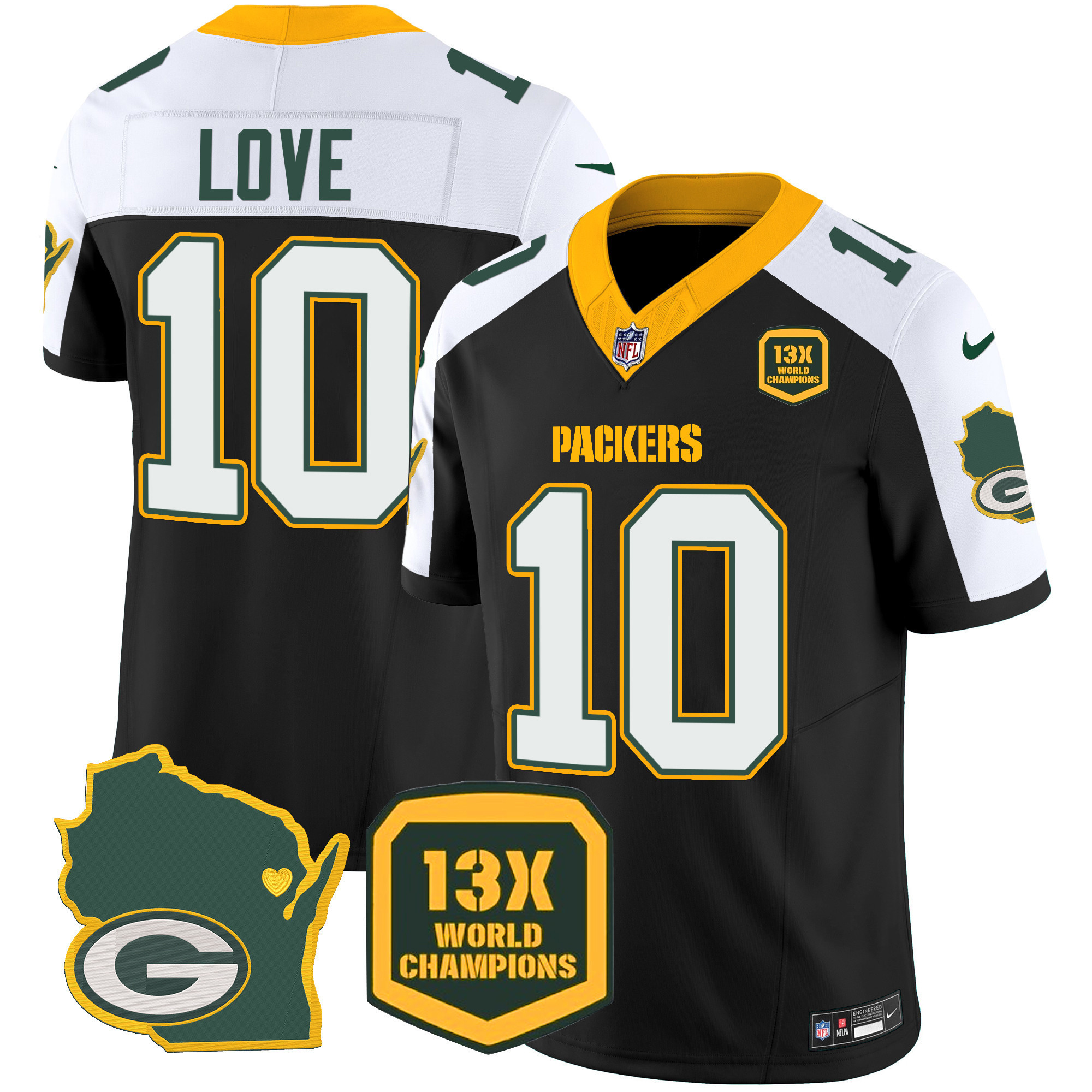 Jordan Love Men's Green Bay Packers 13 Time World Champions & Home Patch Vapor Jersey V2 Ã¯Â¿Â½ All Stitched Black Alternate Jersey - All Stitched