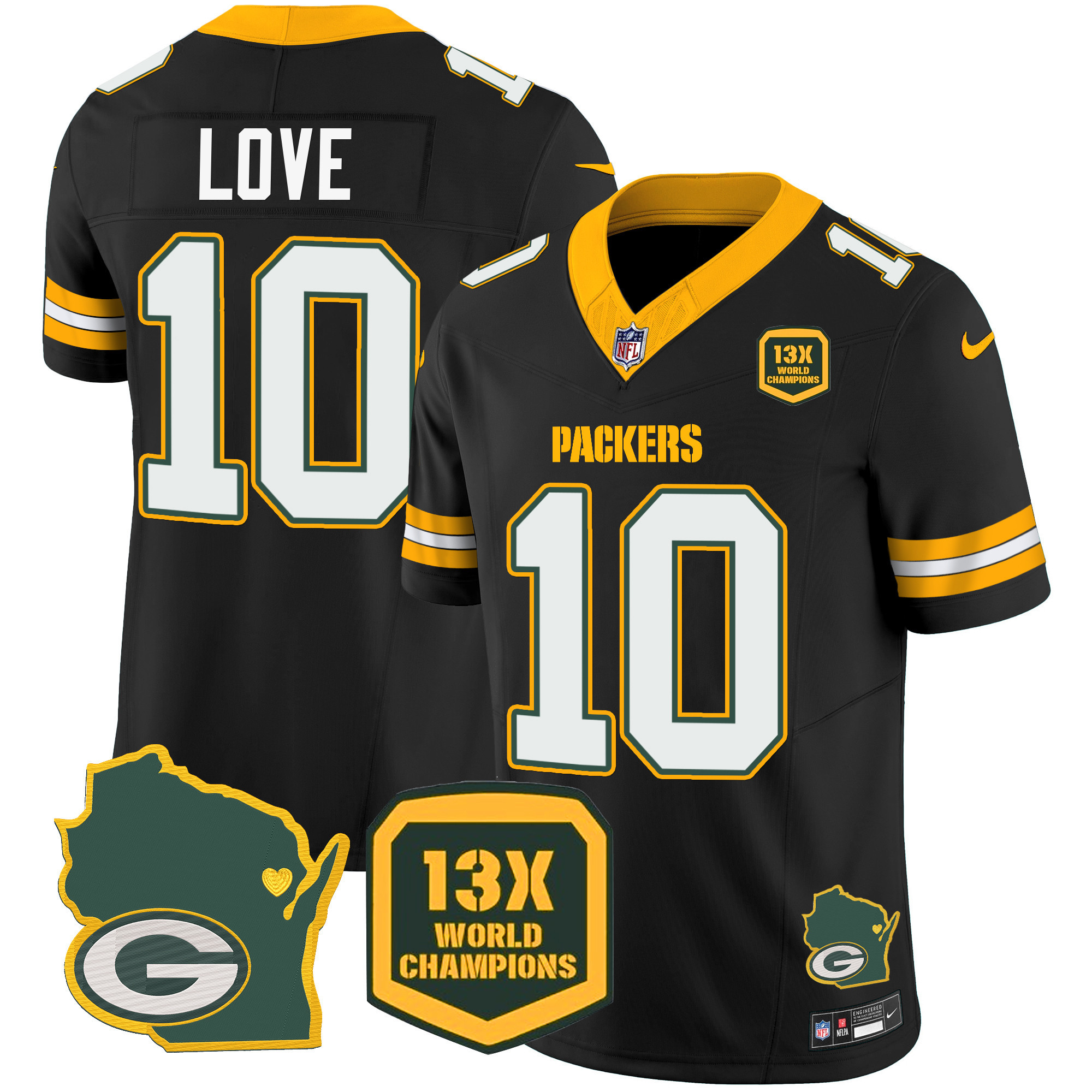 Jordan Love Men's Green Bay Packers 13 Time World Champions & Home Patch Vapor Jersey V2 Ã¯Â¿Â½ All Stitched Black Jersey - All Stitched