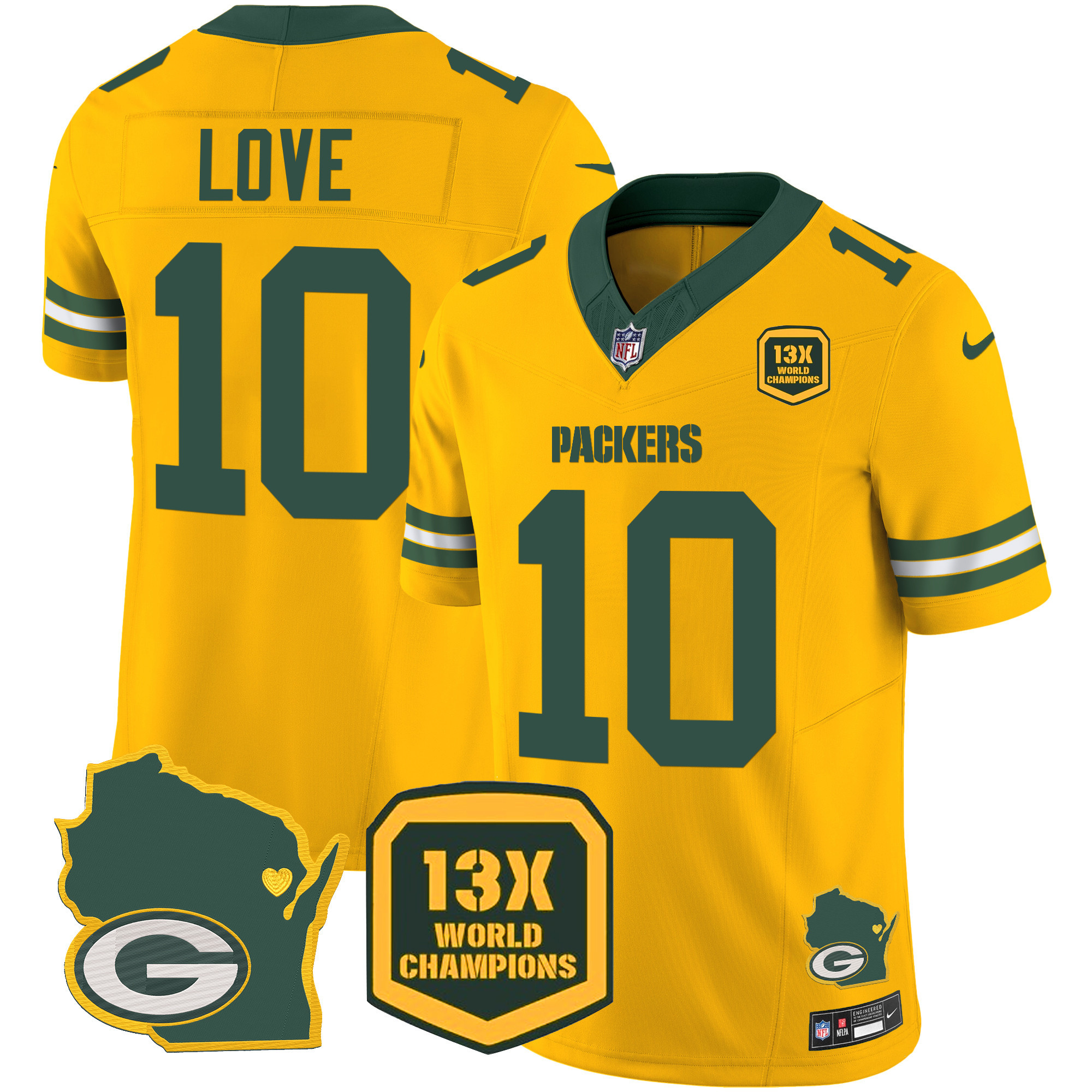 Jordan Love Men's Green Bay Packers 13 Time World Champions & Home Patch Vapor Jersey V2 Ã¯Â¿Â½ All Stitched Gold Jersey - All Stitched