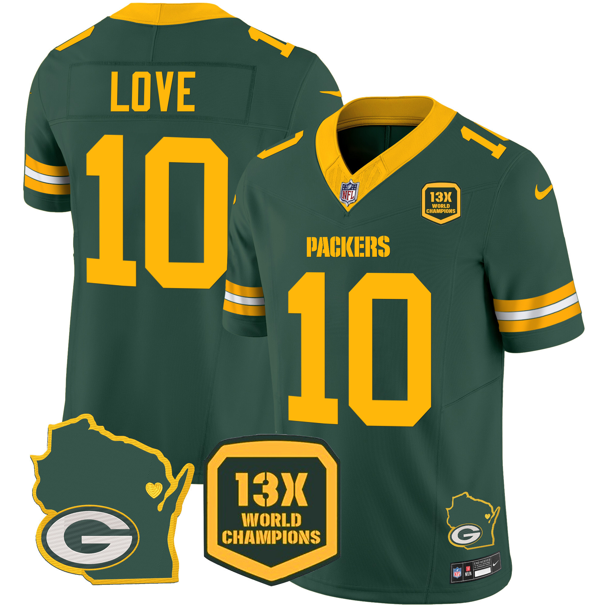 Jordan Love Men's Green Bay Packers 13 Time World Champions & Home Patch Vapor Jersey V2 Ã¯Â¿Â½ All Stitched Green Jersey - All Stitched