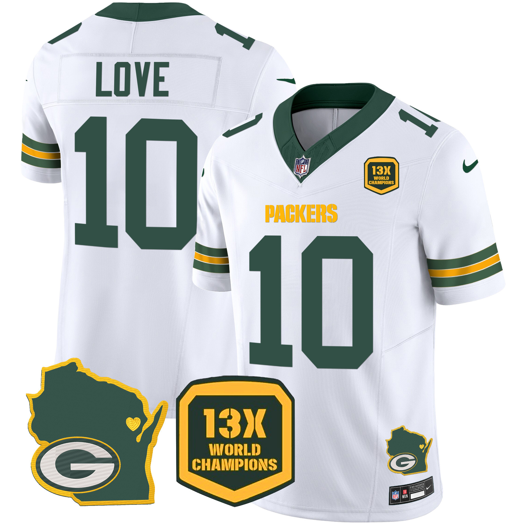 Jordan Love Men's Green Bay Packers 13 Time World Champions & Home Patch Vapor Jersey V2 Ã¯Â¿Â½ All Stitched White Jersey - All Stitched