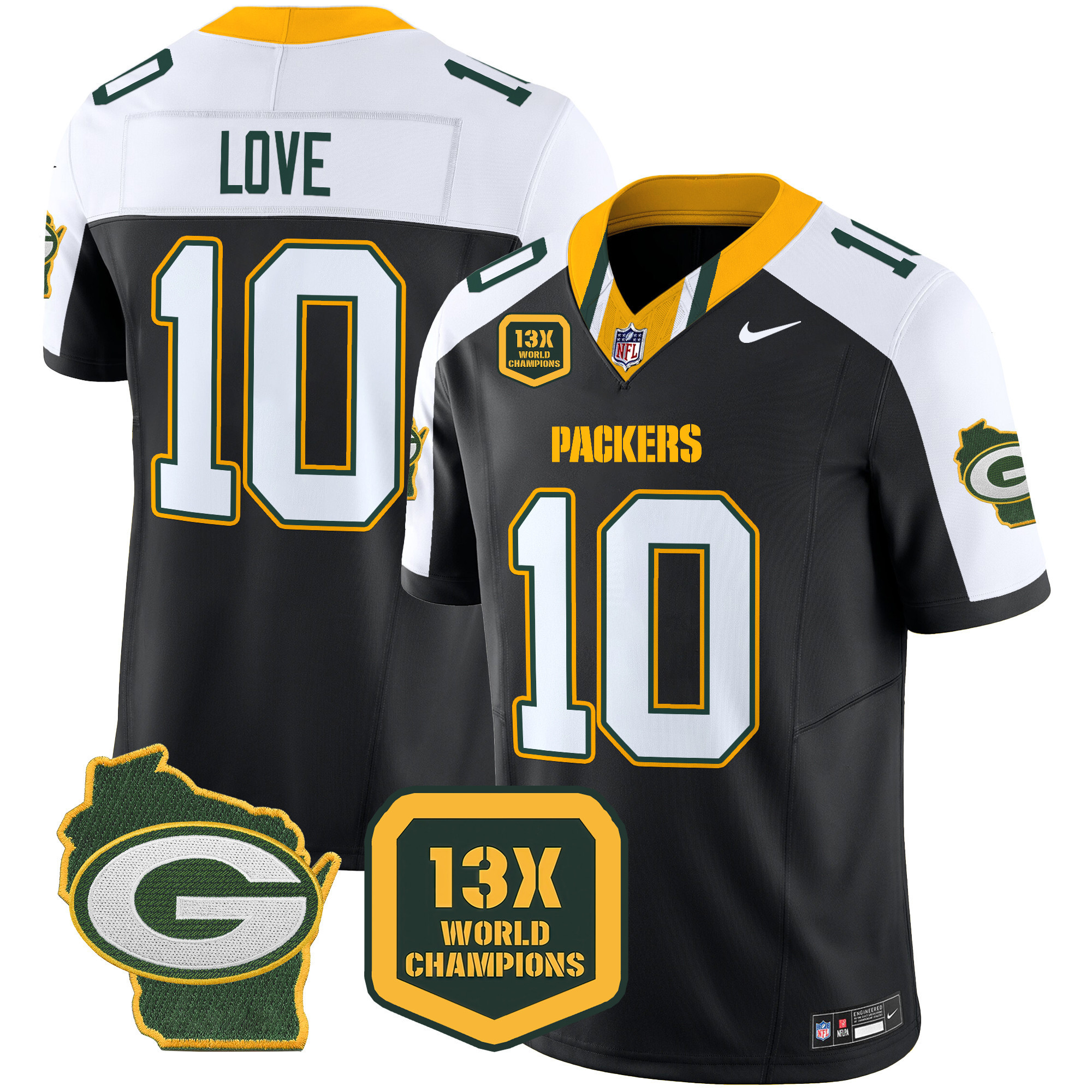 Jordan Love Men's Green Bay Packers 13 Time World Champions & Home Patch Vapor Limited Jersey ÃƒÂ¢Ã¢â€šÂ¬Ã¢â‚¬Å“ All Stitched Black Alternate Jersey - All Stitched