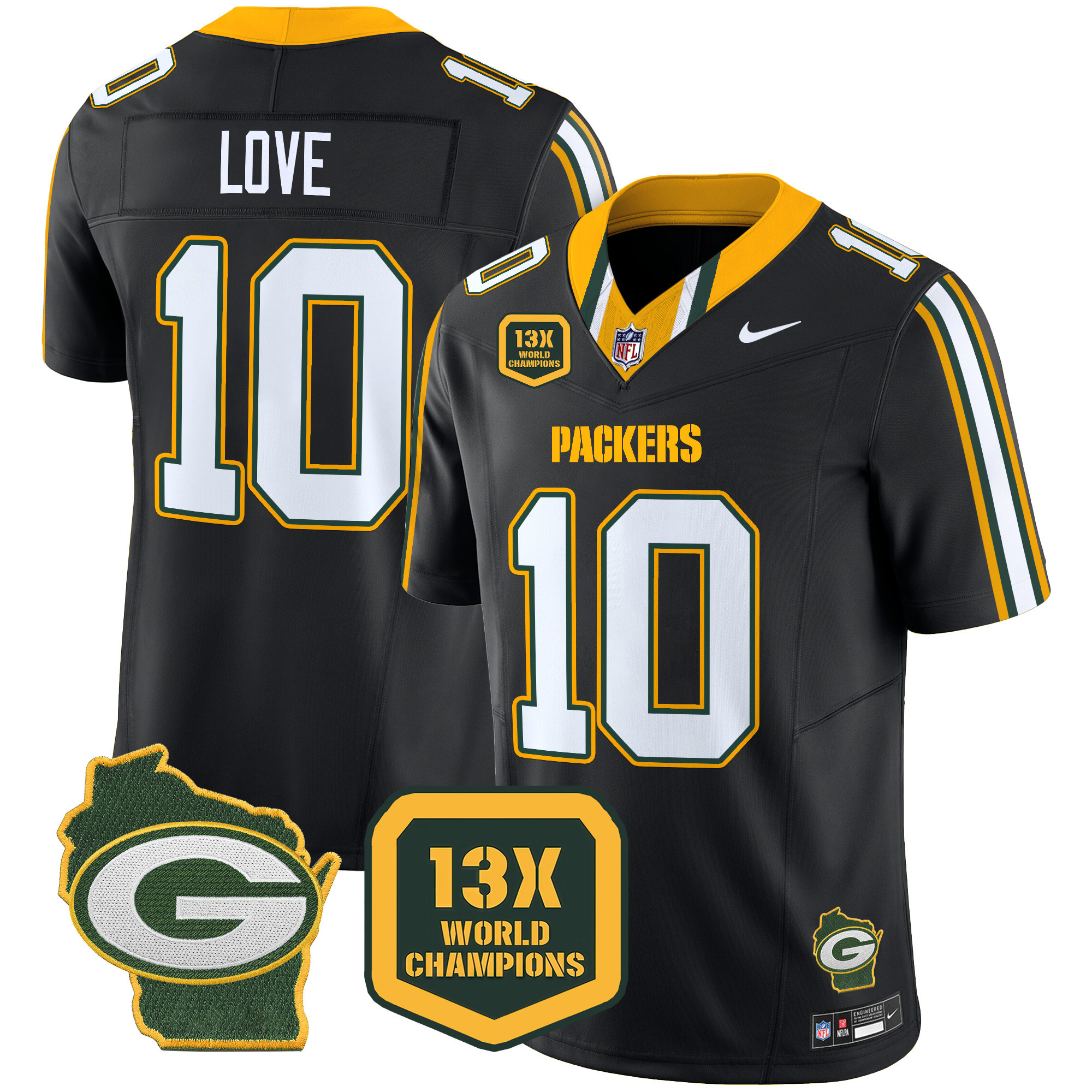 Jordan Love Men's Green Bay Packers 13 Time World Champions & Home Patch Vapor Limited Jersey Ã¢â‚¬â€œ All Stitched Black Jersey - All Stitched
