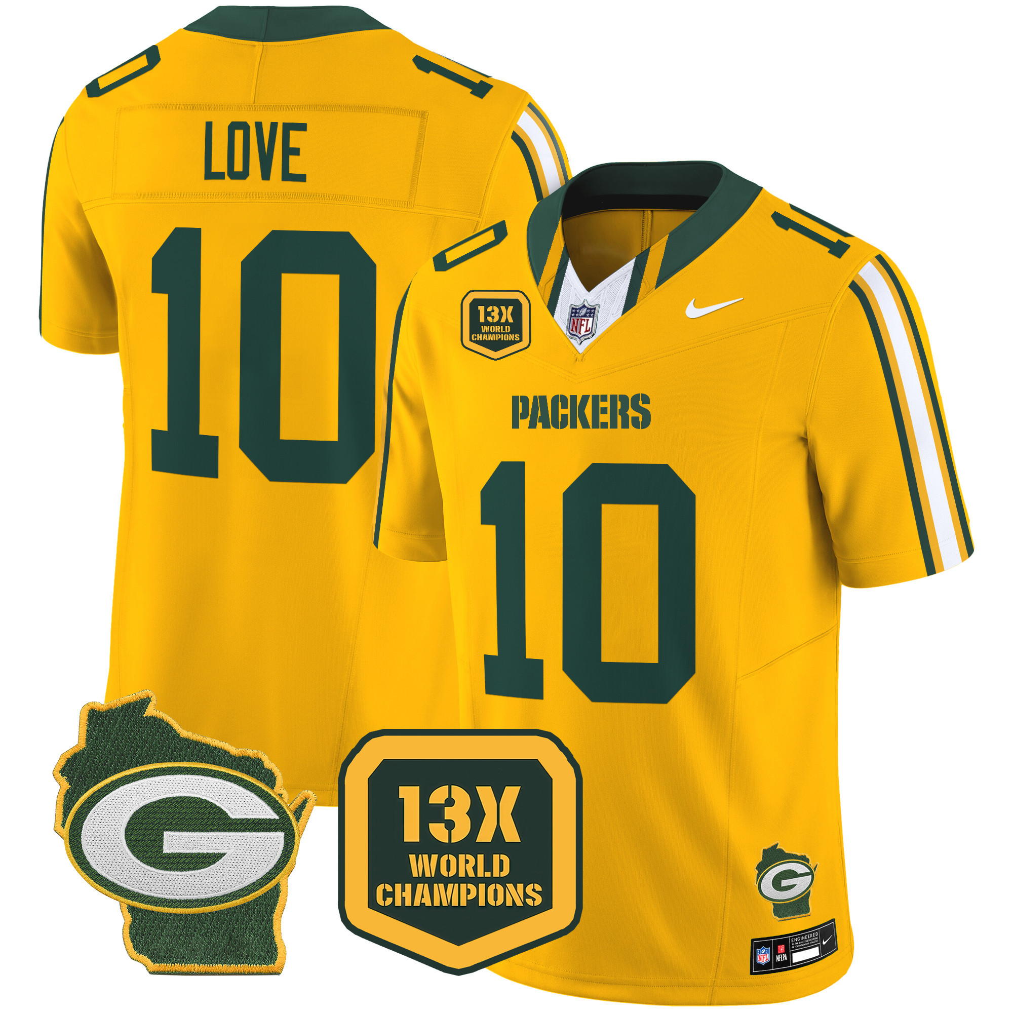 Jordan Love Men's Green Bay Packers 13 Time World Champions & Home Patch Vapor Limited Jersey Ã¢â‚¬â€œ All Stitched Gold Jersey - All Stitched