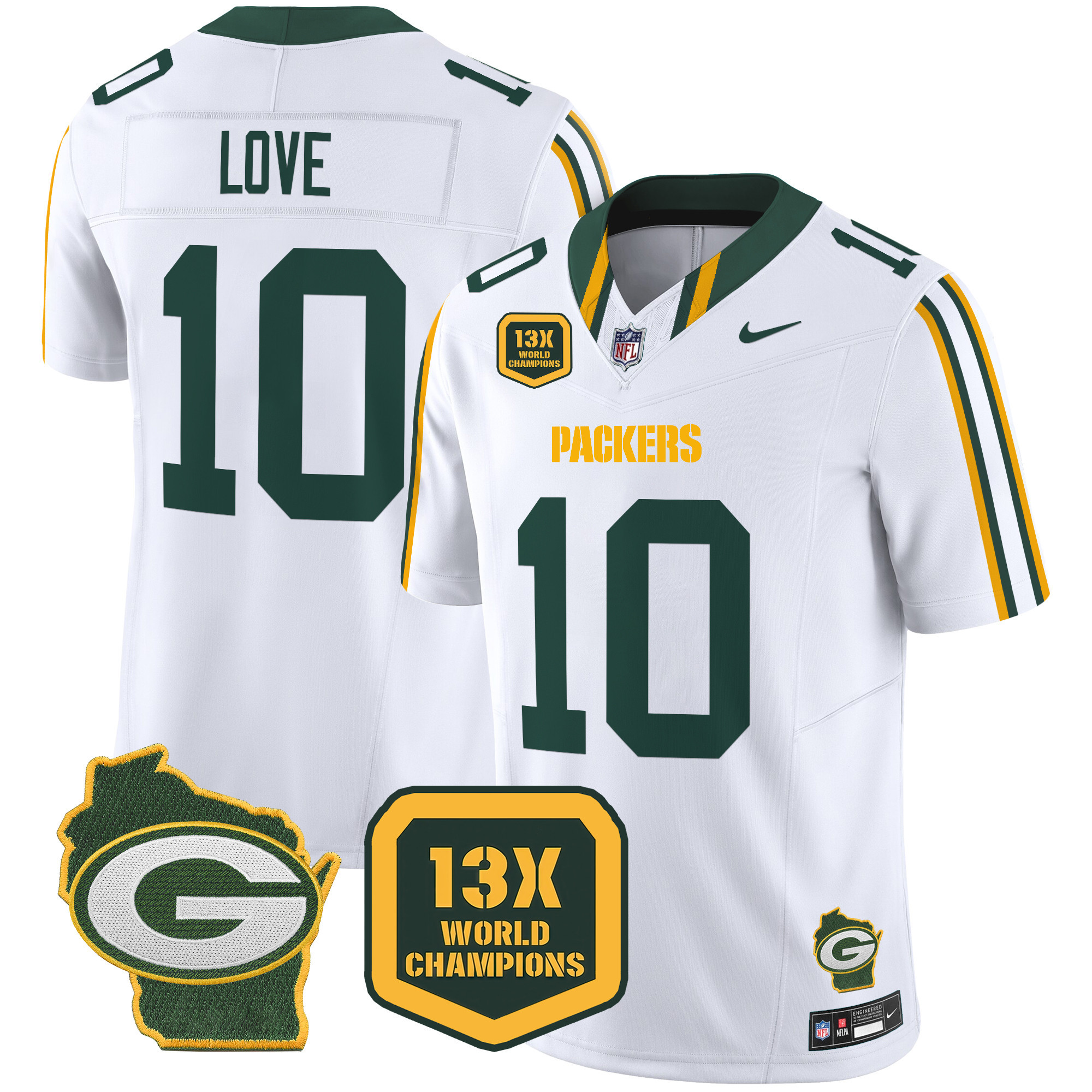 Jordan Love Men's Green Bay Packers 13 Time World Champions & Home Patch Vapor Limited Jersey ÃƒÂ¢Ã¢â€šÂ¬Ã¢â‚¬Å“ All Stitched White Jersey - All Stitched