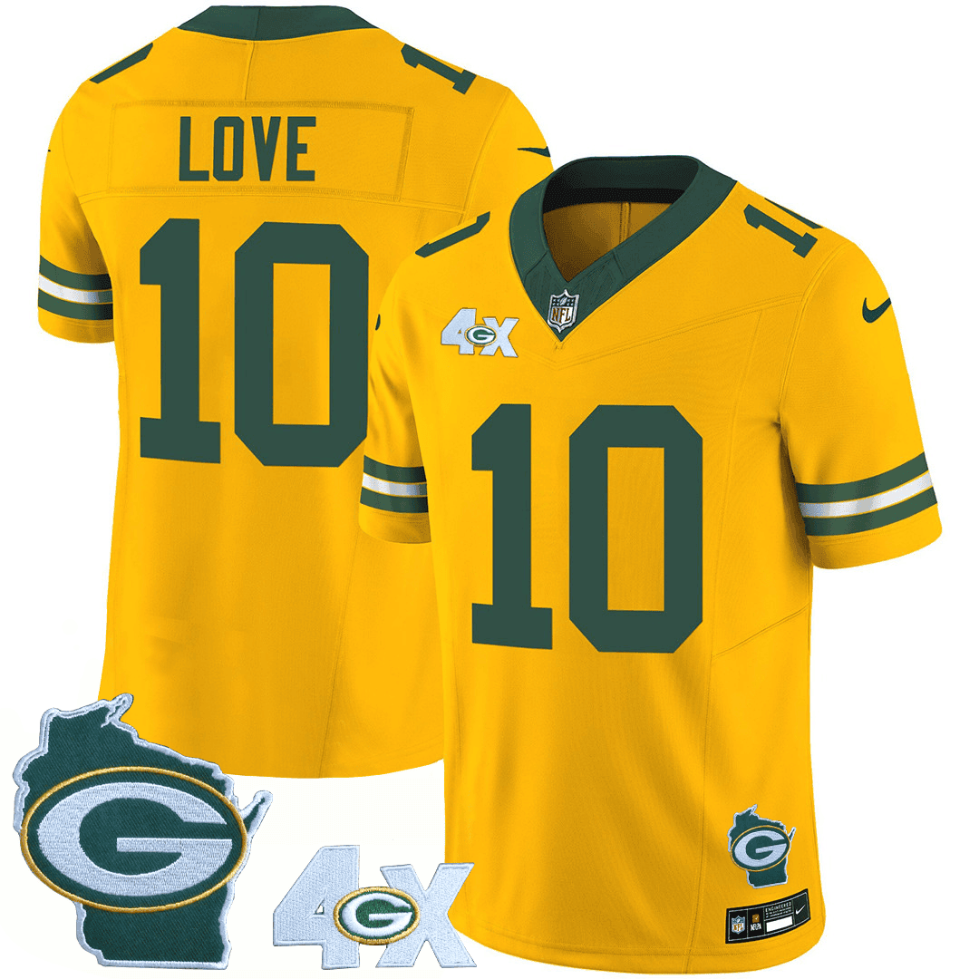 Jordan Love Men's Green Bay Packers 4x Champs & Home Patch Vapor Gold Jersey - All Stitched