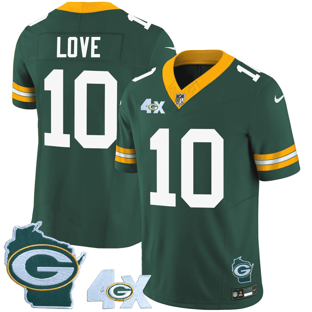 Jordan Love Men's Green Bay Packers 4x Champs & Home Patch Vapor Green Jersey - All Stitched