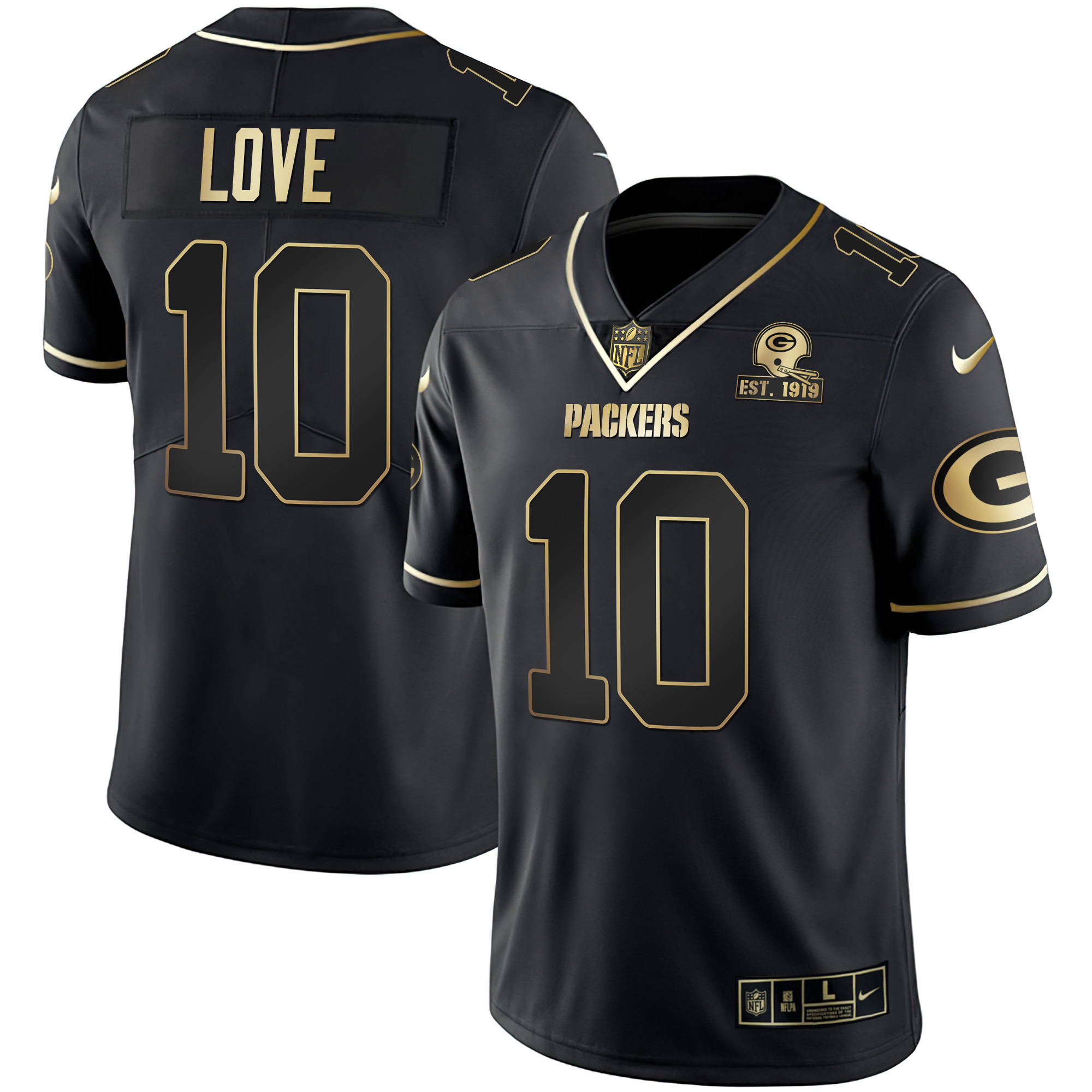 Jordan Love Men's Green Bay Packers White Gold & Black Gold Est 1919 Patch - All Stitched Black Gold Jersey - All Stitched
