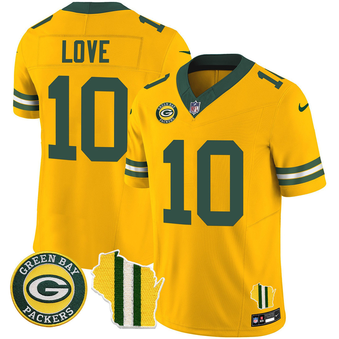Jordan Love Men's Green Bay Packers Wisconsin State Patch Vapor Limited Jersey - All Sttiched Gold Jersey - All Stitched