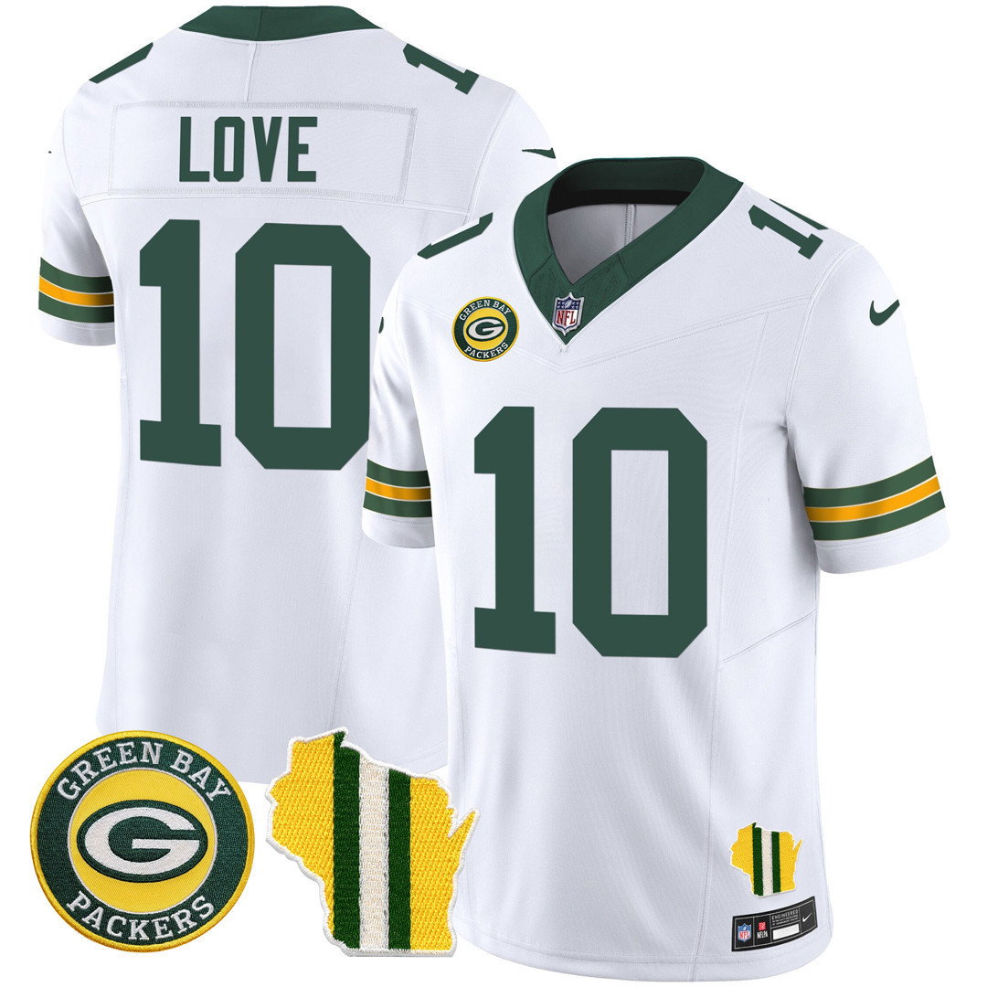 Jordan Love Men's Green Bay Packers Wisconsin State Patch Vapor Limited Jersey - All Sttiched White Jersey - All Stitched
