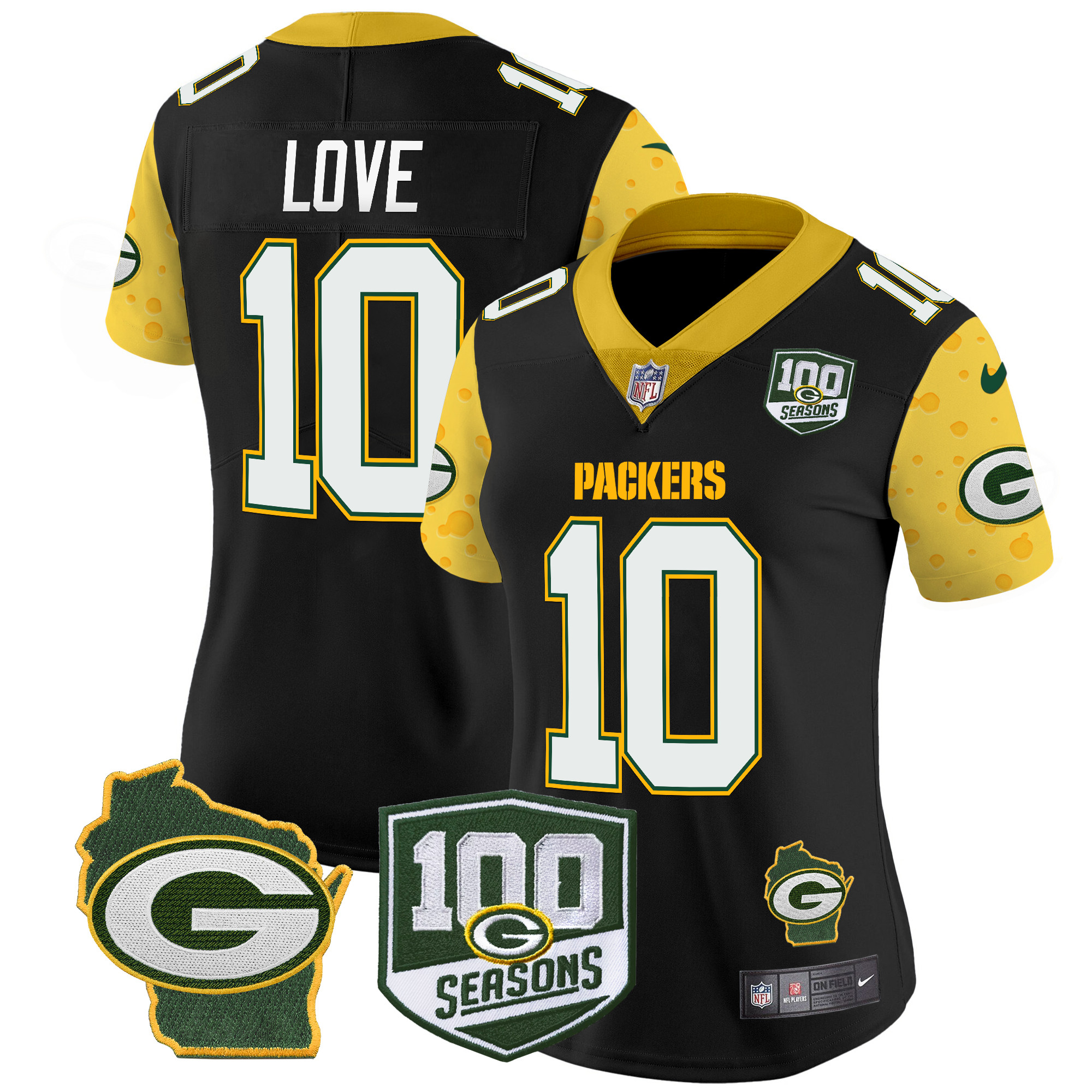 Jordan Love Women's Green Bay Packers 100th Season & Home Patch Cheese Vapor Limited Jersey ÃƒÂ¢Ã¢â€šÂ¬Ã¢â‚¬Å“ All Stitched Black Jersey - All Stitched