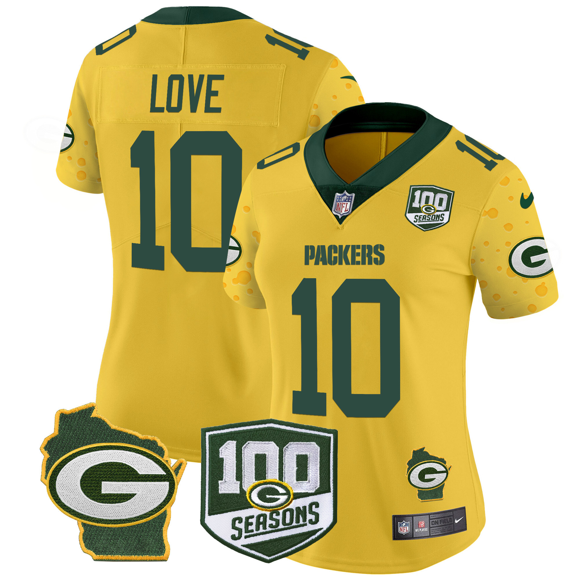 Jordan Love Women's Green Bay Packers 100th Season & Home Patch Cheese Vapor Limited Jersey ÃƒÂ¢Ã¢â€šÂ¬Ã¢â‚¬Å“ All Stitched Gold Jersey - All Stitched