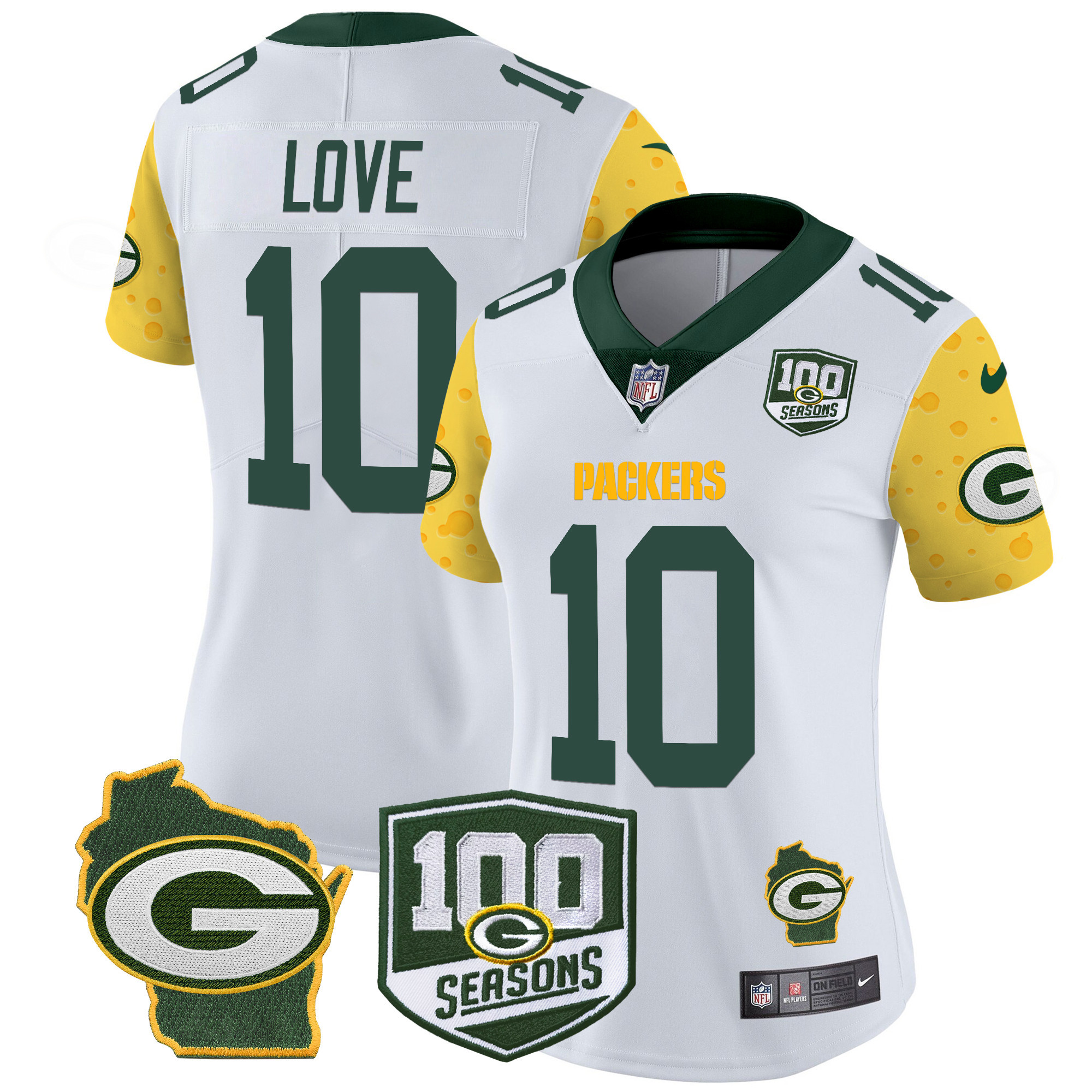Jordan Love Women's Green Bay Packers 100th Season & Home Patch Cheese Vapor Limited Jersey Ã¢â‚¬â€œ All Stitched White Jersey - All Stitched