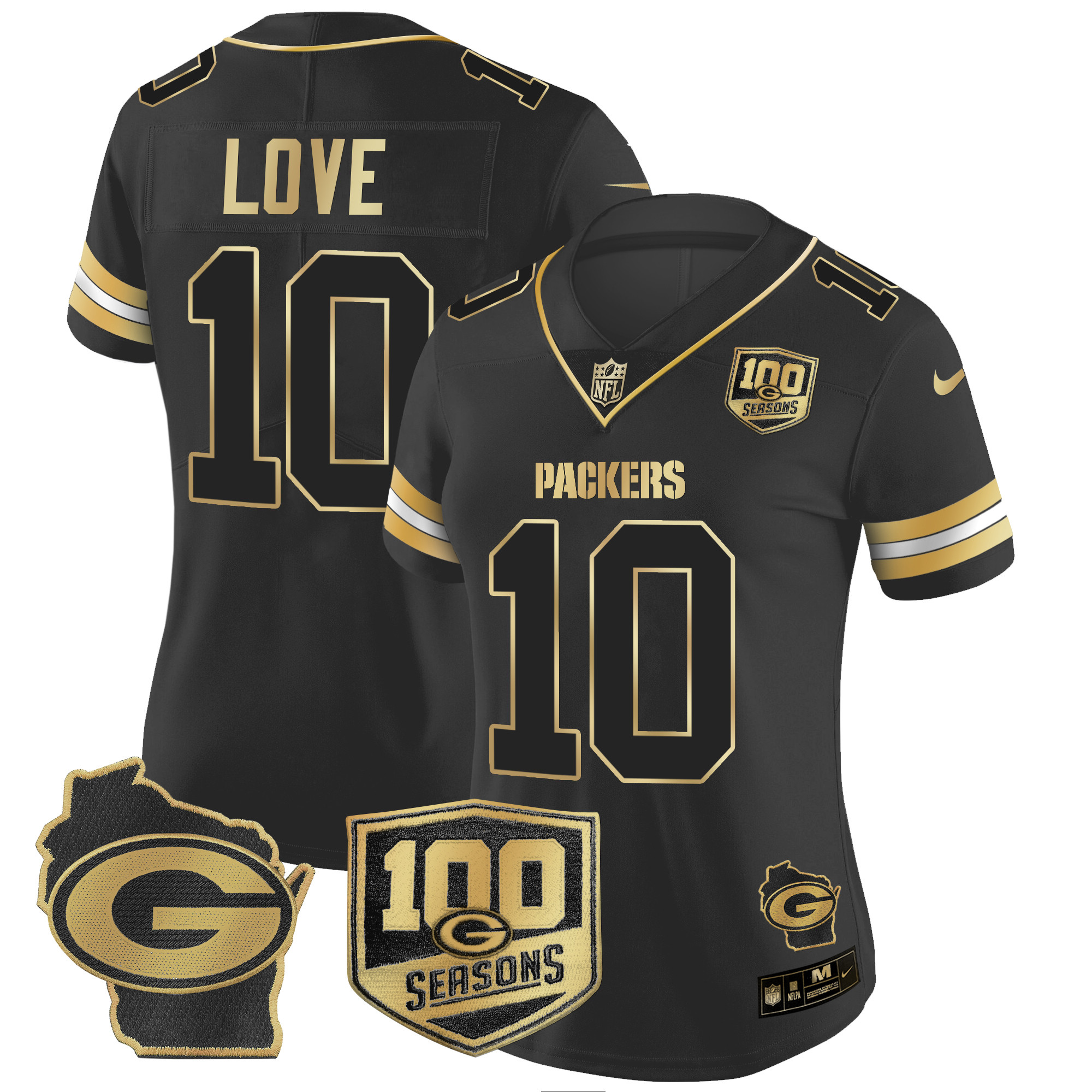Jordan Love Women's Green Bay Packers 100th Season & Home Patch Gold Vapor Limited Jersey Ã¢â‚¬â€œ All Stitched Black Gold Jersey - All Stitched