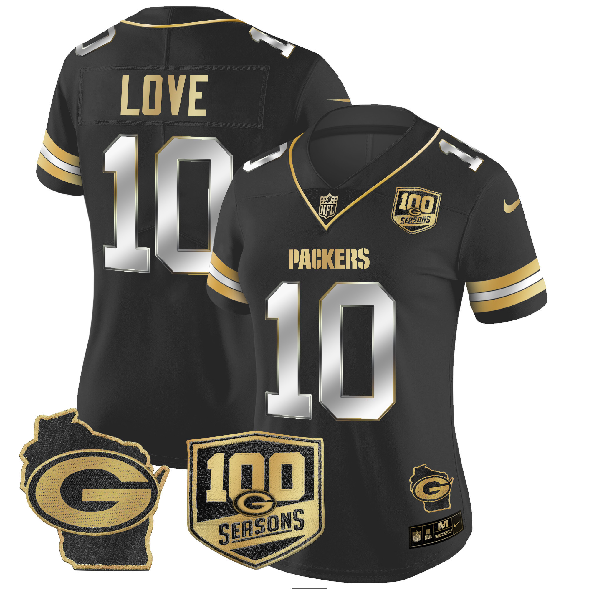 Jordan Love Women's Green Bay Packers 100th Season & Home Patch Gold Vapor Limited Jersey Ã¢â‚¬â€œ All Stitched Black Limited Jersey - All Stitched
