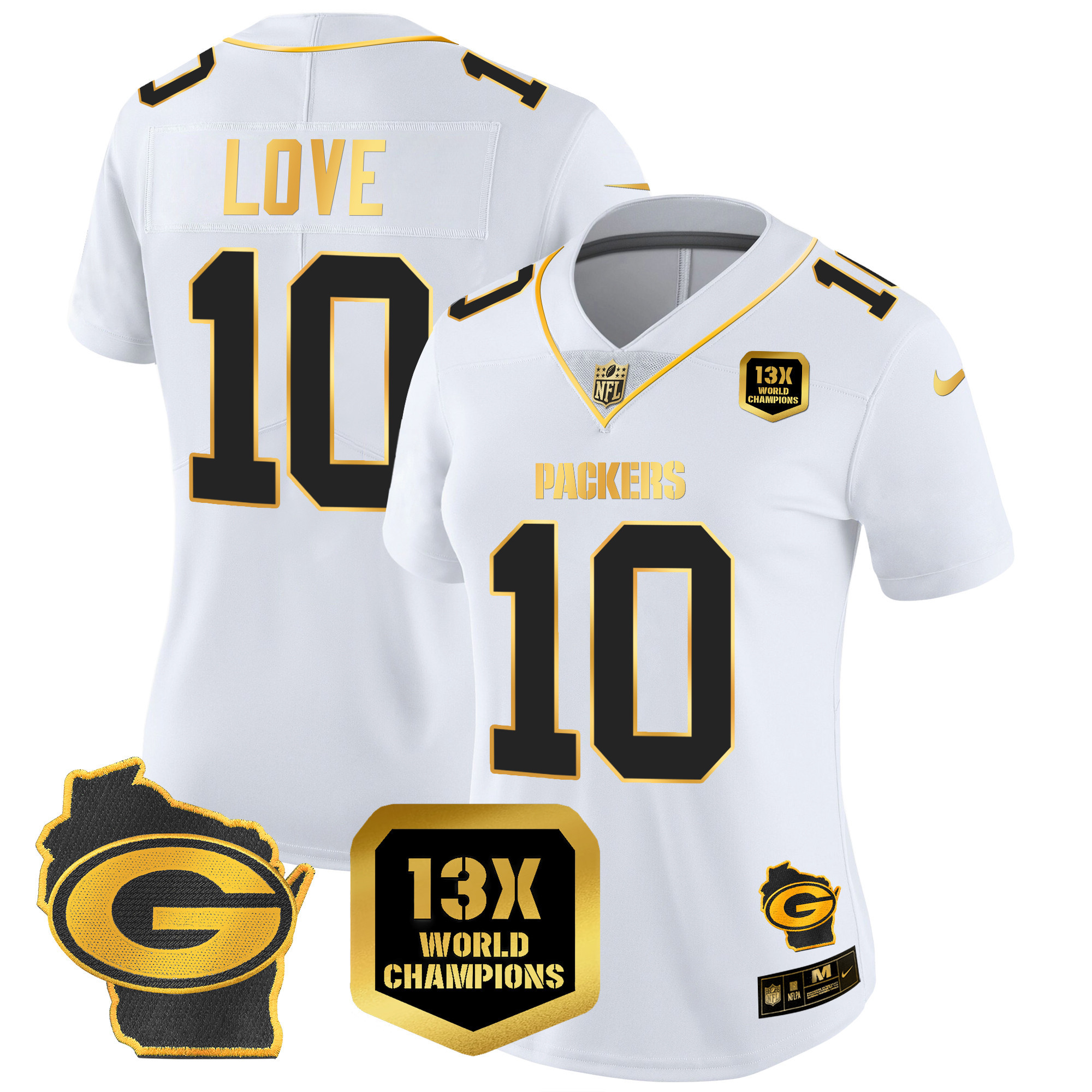 Jordan Love Women's Green Bay Packers 13 Time World Champions & Home Patch Gold Vapor Jersey Ã¯Â¿Â½ All Stitched White Gold Jersey - All Stitched