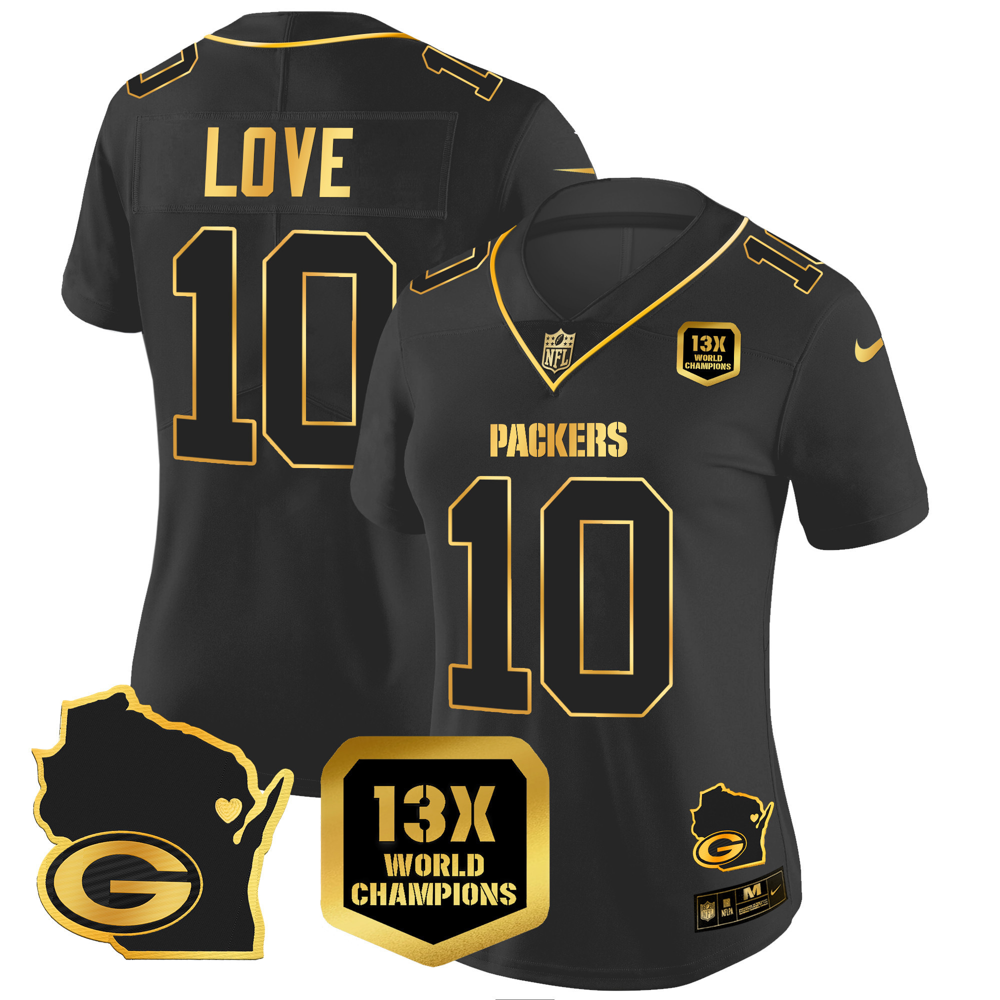 Jordan Love Women's Green Bay Packers 13 Time World Champions & Home Patch Gold Vapor Jersey V2 Ã¯Â¿Â½ All Stitched Black Gold Jersey - All Stitched