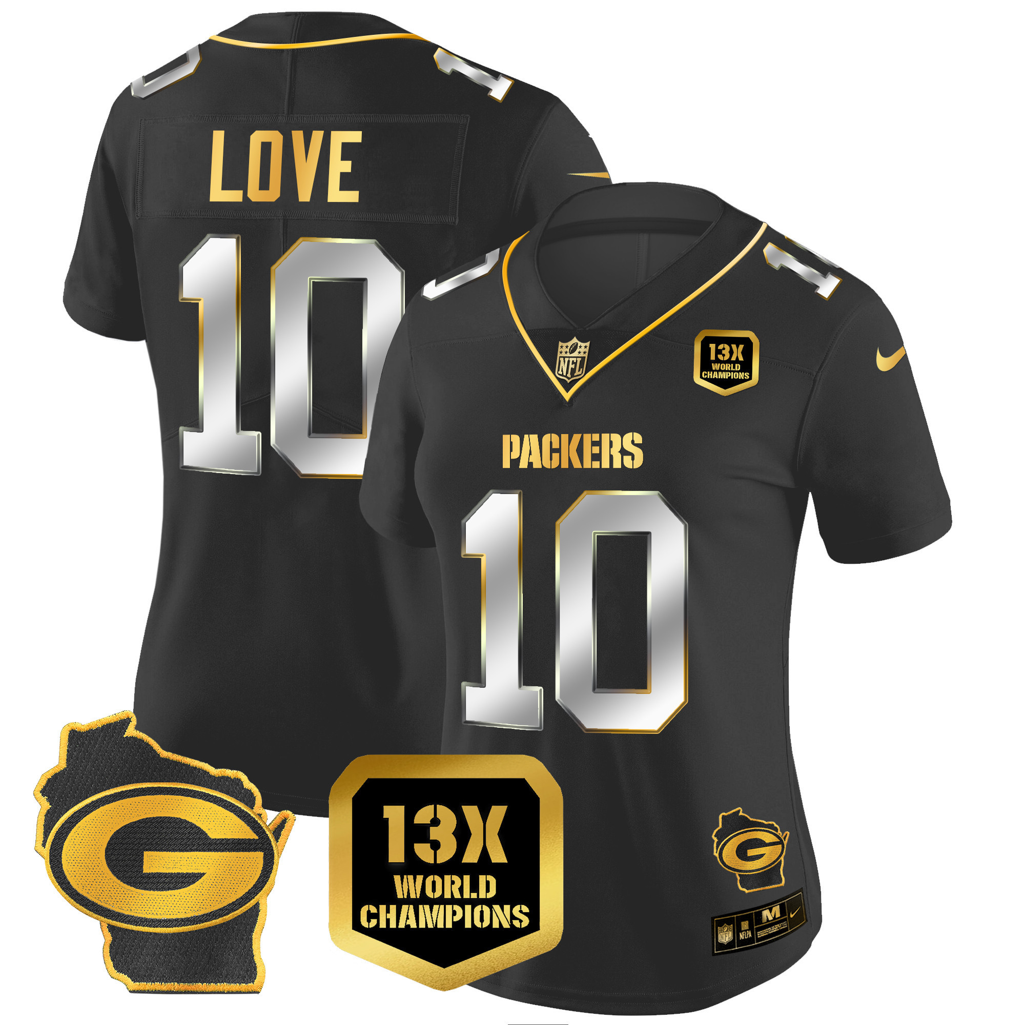 Jordan Love Women's Green Bay Packers 13 Time World Champions & Home Patch Gold Vapor Jersey V2 Ã¯Â¿Â½ All Stitched Black Limited Jersey - All Stitched