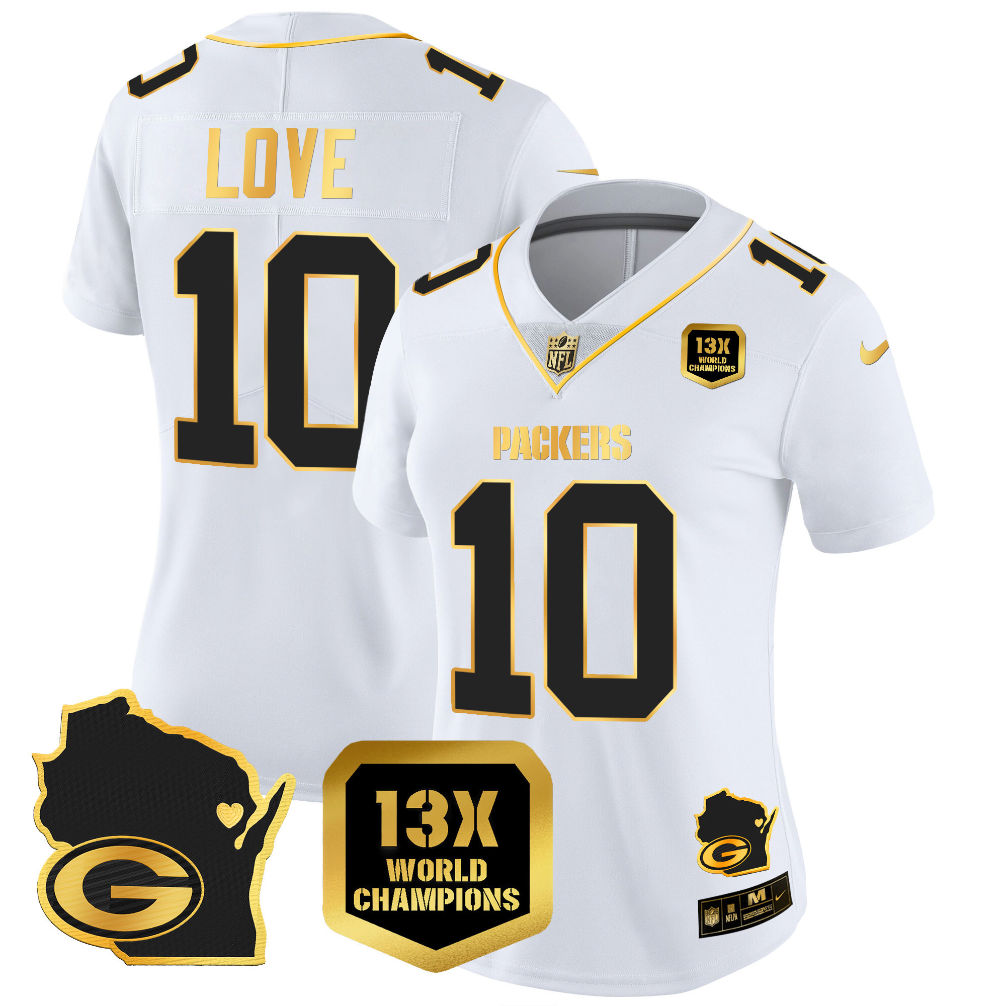 Jordan Love Women's Green Bay Packers 13 Time World Champions & Home Patch Gold Vapor Jersey V2 Ã¯Â¿Â½ All Stitched White Gold Jersey - All Stitched