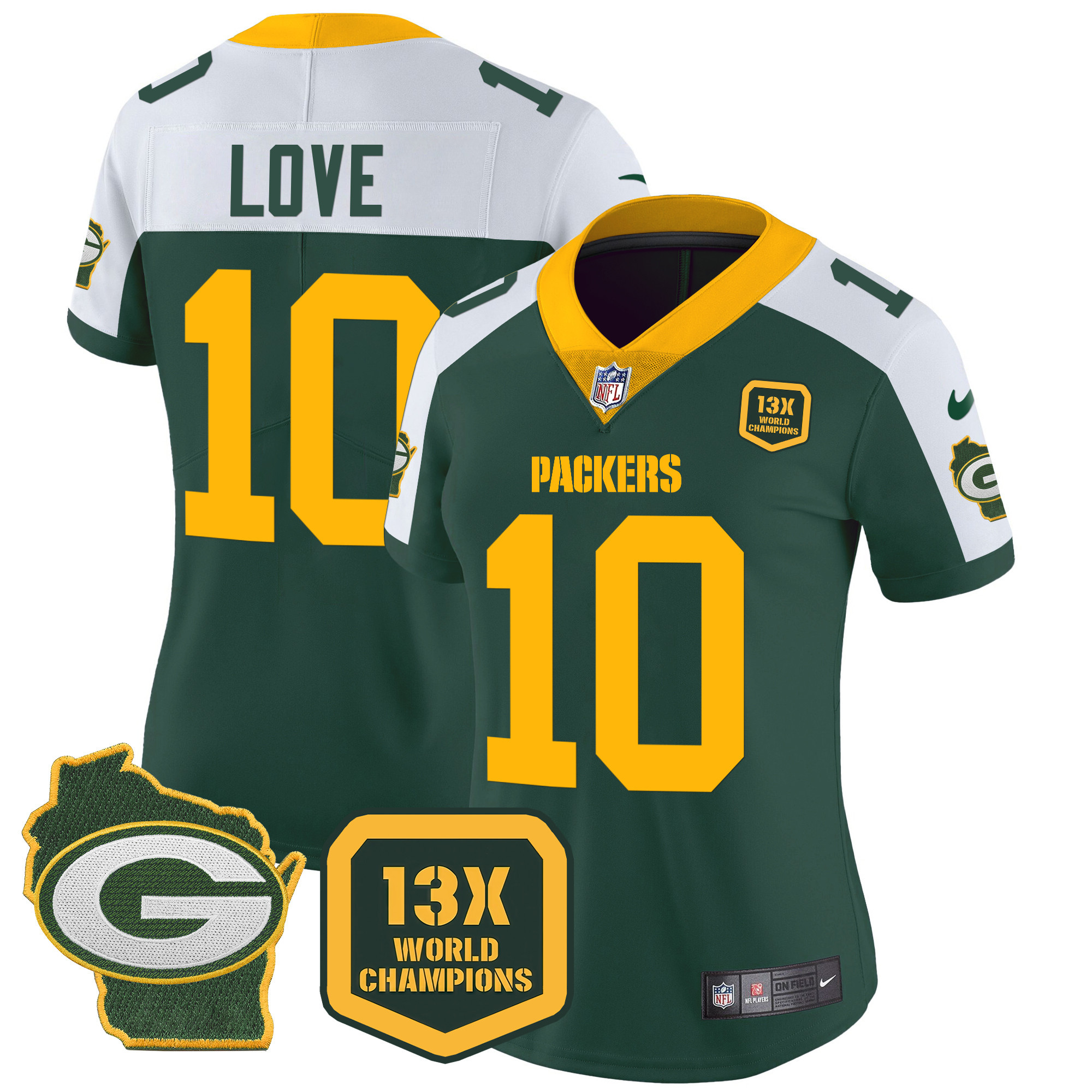 Jordan Love Women's Green Bay Packers 13 Time World Champions & Home Patch Vapor Jersey Ã¯Â¿Â½ All Stitched Alternate Jersey - All Stitched