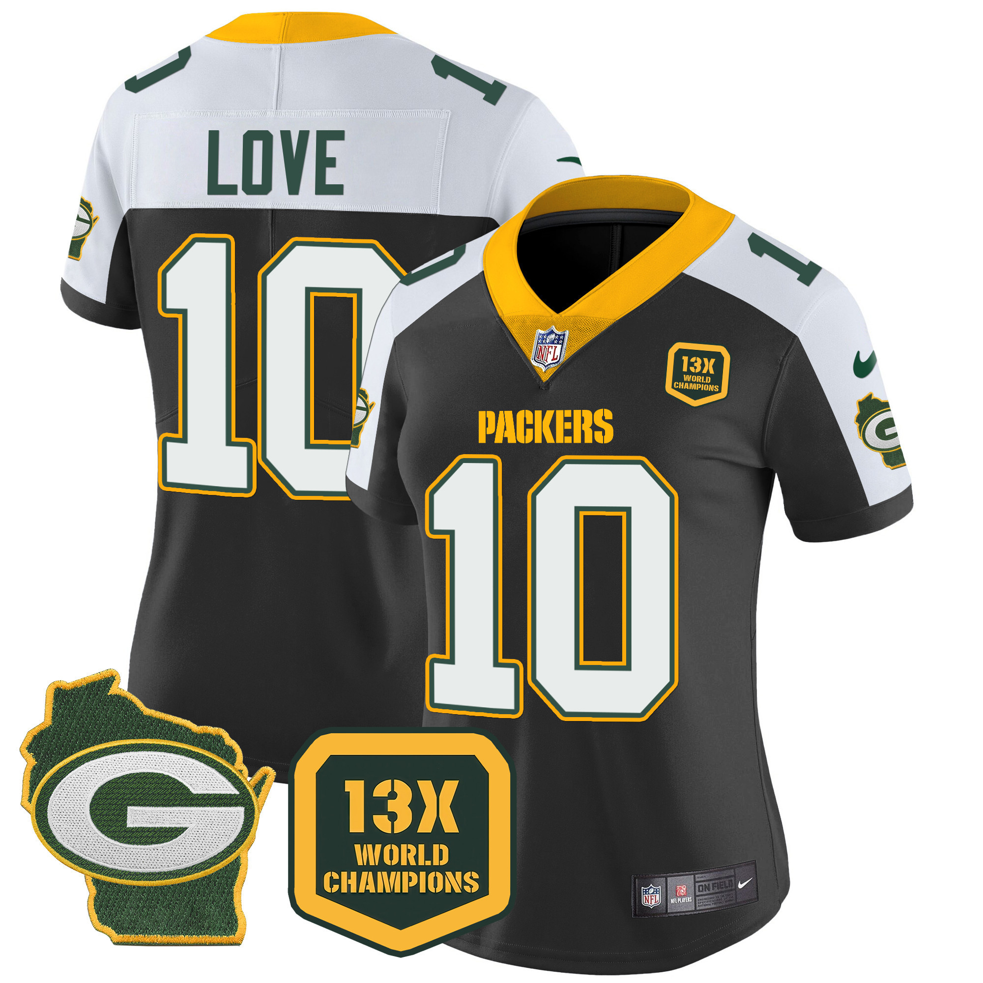 Jordan Love Women's Green Bay Packers 13 Time World Champions & Home Patch Vapor Jersey Ã¯Â¿Â½ All Stitched Black Alternate Jersey - All Stitched