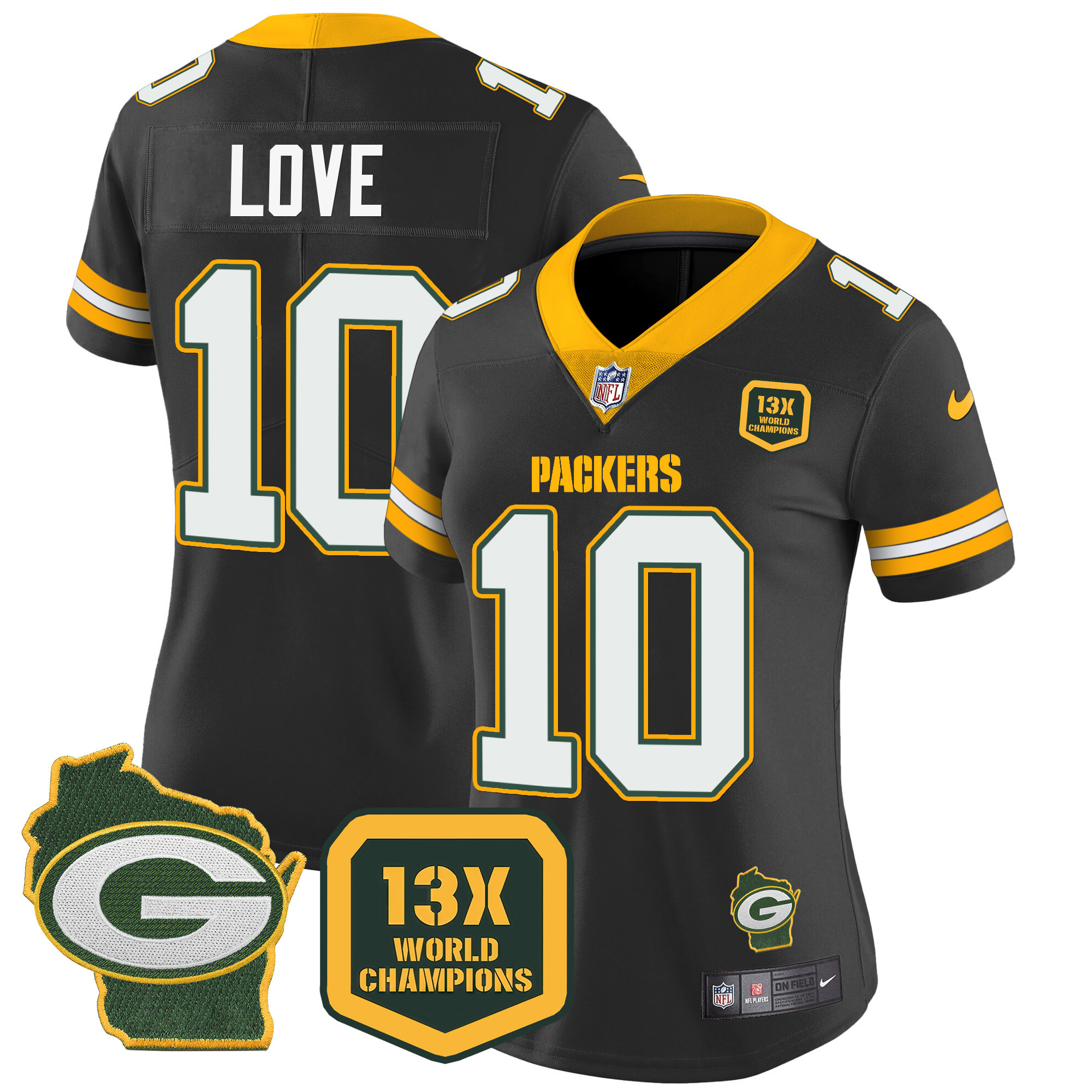 Jordan Love Women's Green Bay Packers 13 Time World Champions & Home Patch Vapor Jersey Ã¯Â¿Â½ All Stitched Black Jersey - All Stitched