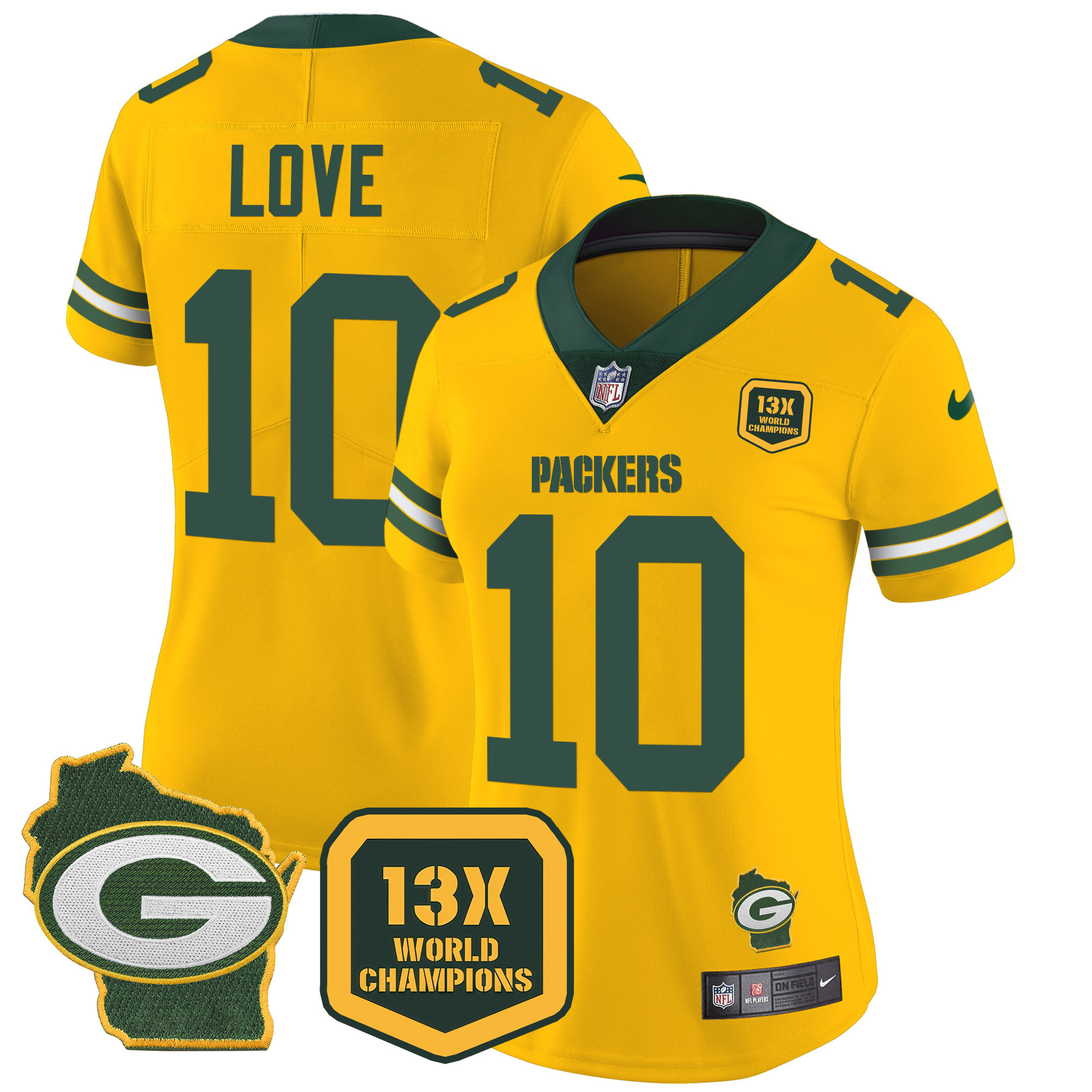 Jordan Love Women's Green Bay Packers 13 Time World Champions & Home Patch Vapor Jersey Ã¯Â¿Â½ All Stitched Gold Jersey - All Stitched