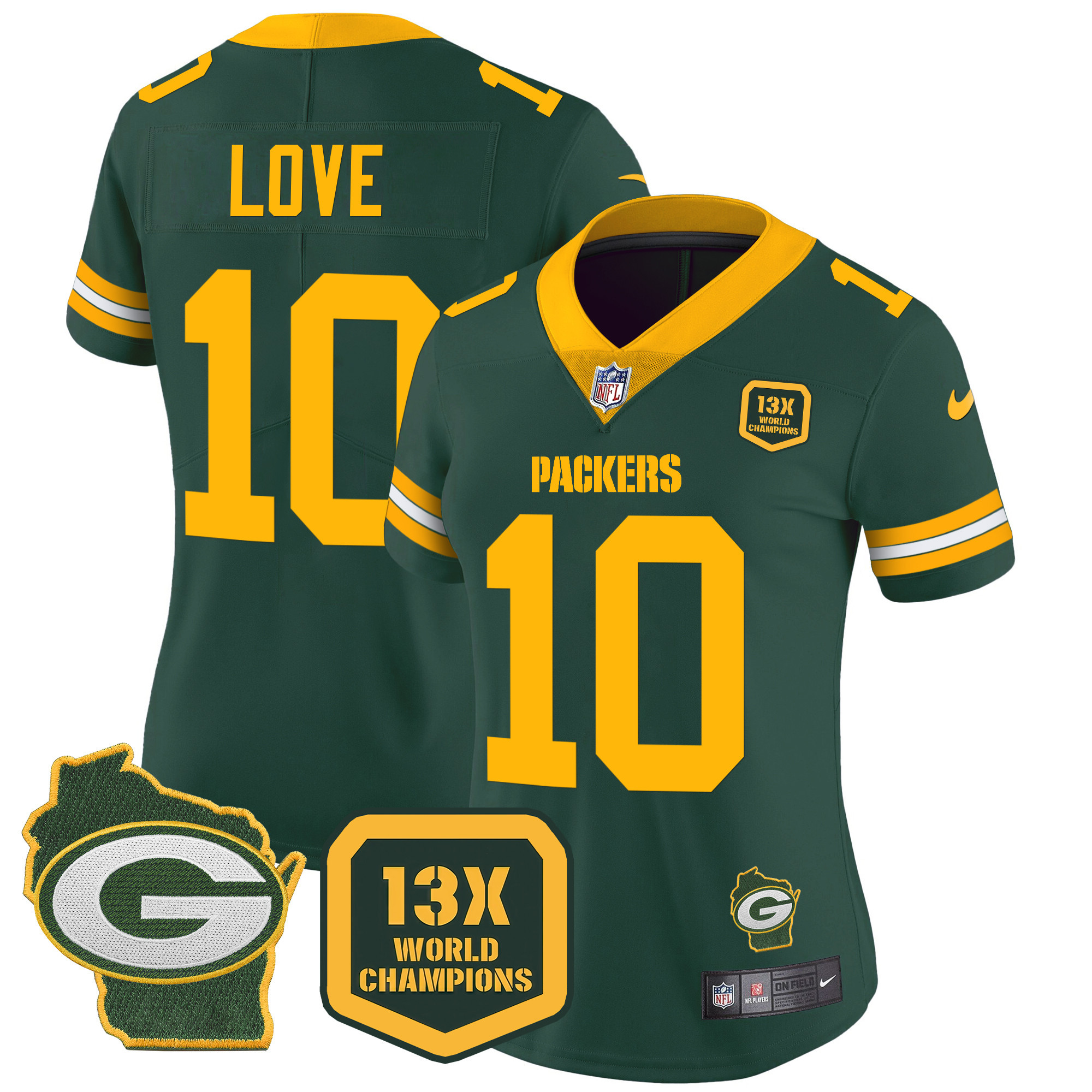 Jordan Love Women's Green Bay Packers 13 Time World Champions & Home Patch Vapor Jersey Ã¯Â¿Â½ All Stitched Green Jersey - All Stitched