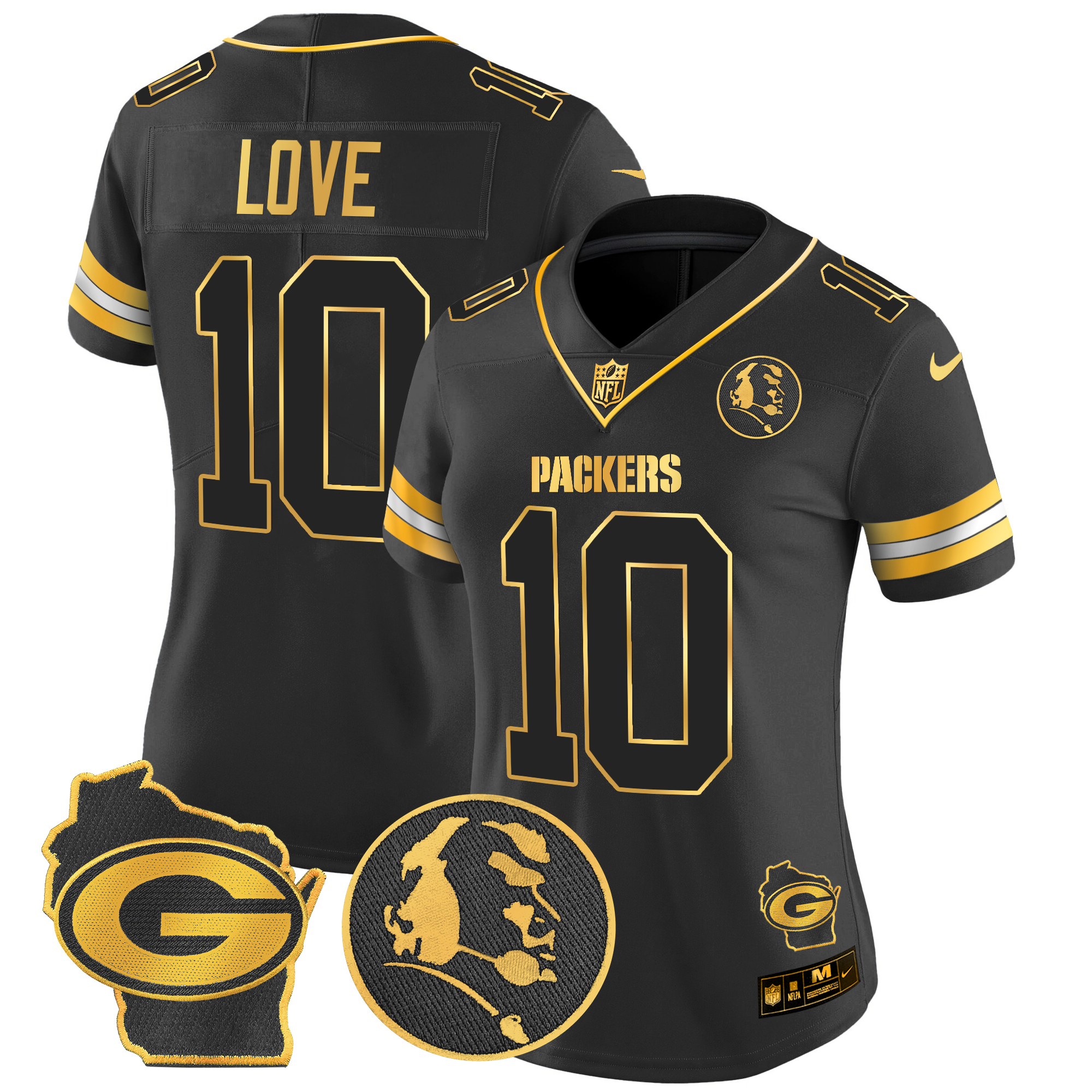 Jordan Love Women's Green Bay Packers John Madden & Home Patch Gold Vapor Limited Black Gold Jersey - All Stitched