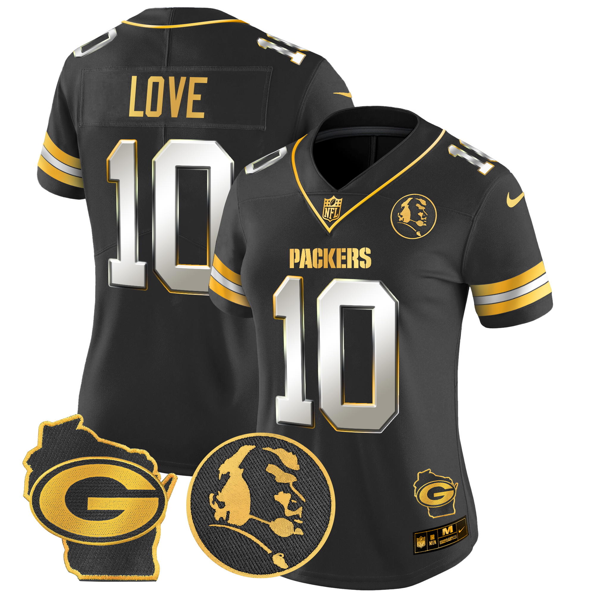 Jordan Love Women's Green Bay Packers John Madden & Home Patch Gold Vapor Limited Black Limited Jersey - All Stitched
