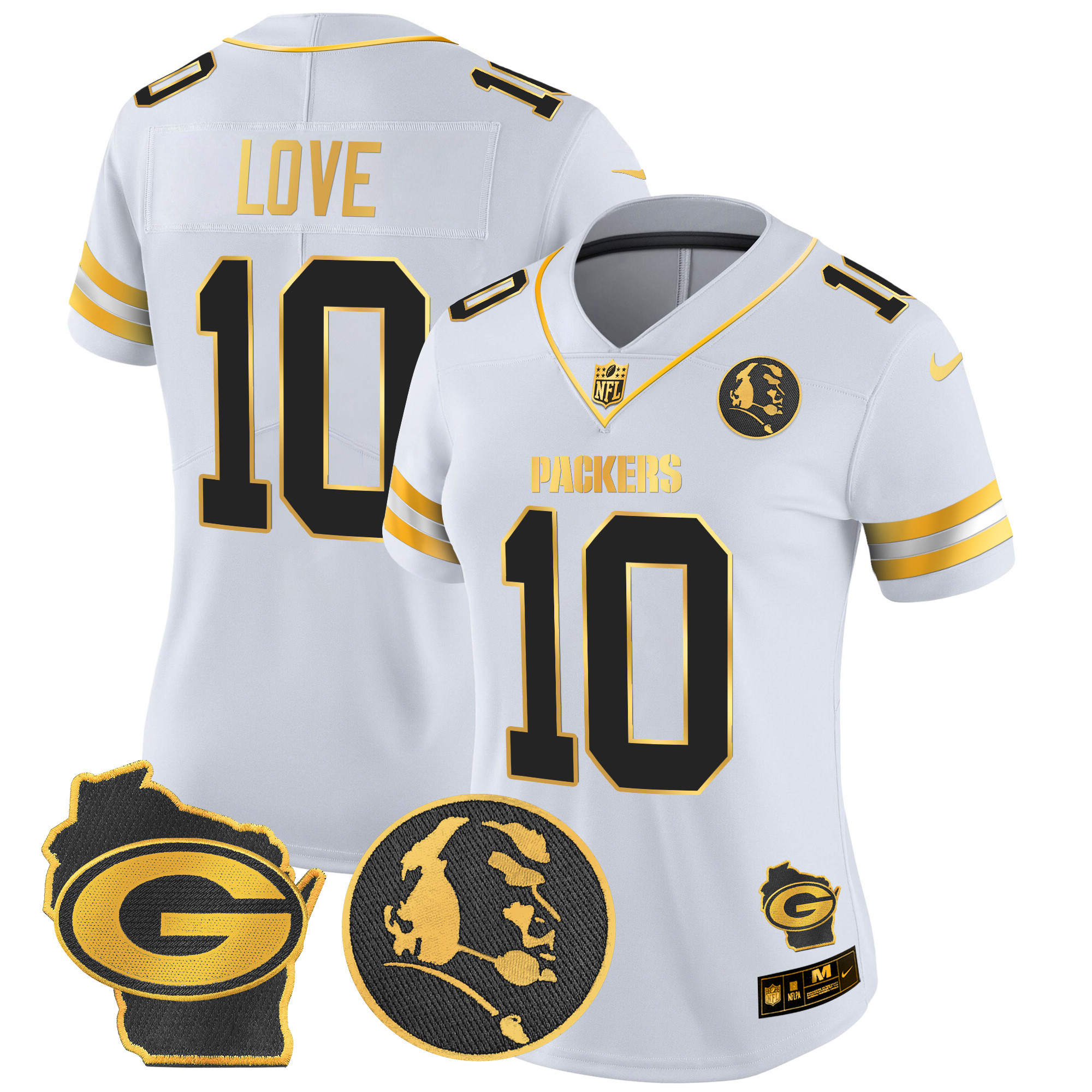 Jordan Love Women's Green Bay Packers John Madden & Home Patch Gold Vapor Limited White Gold Jersey - All Stitched