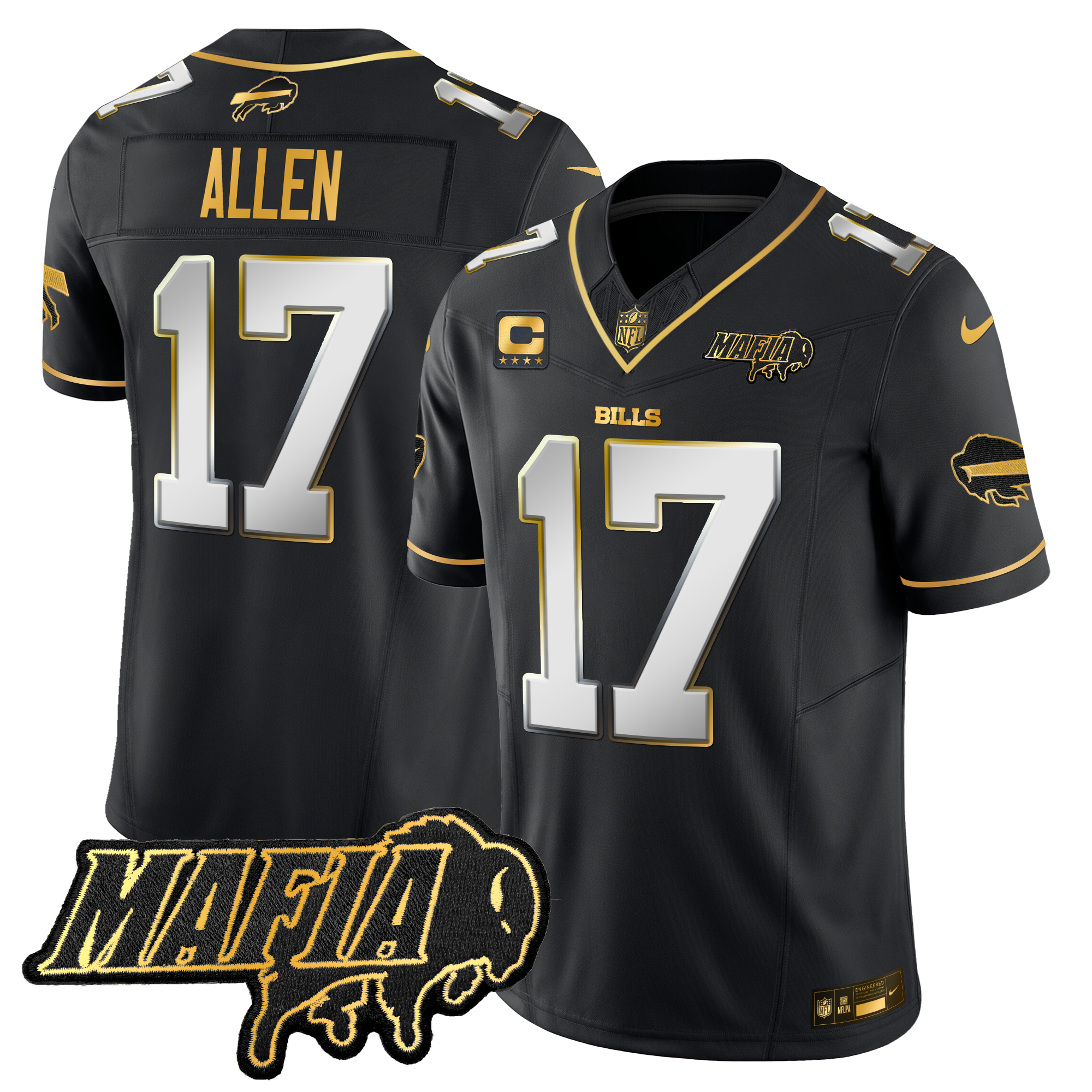 Josh Allen Men's Buffalo Bills 2024 Buffalo Bills Mafia Patch Gold Vapor Limited Black Limited Jersey - All Stitched