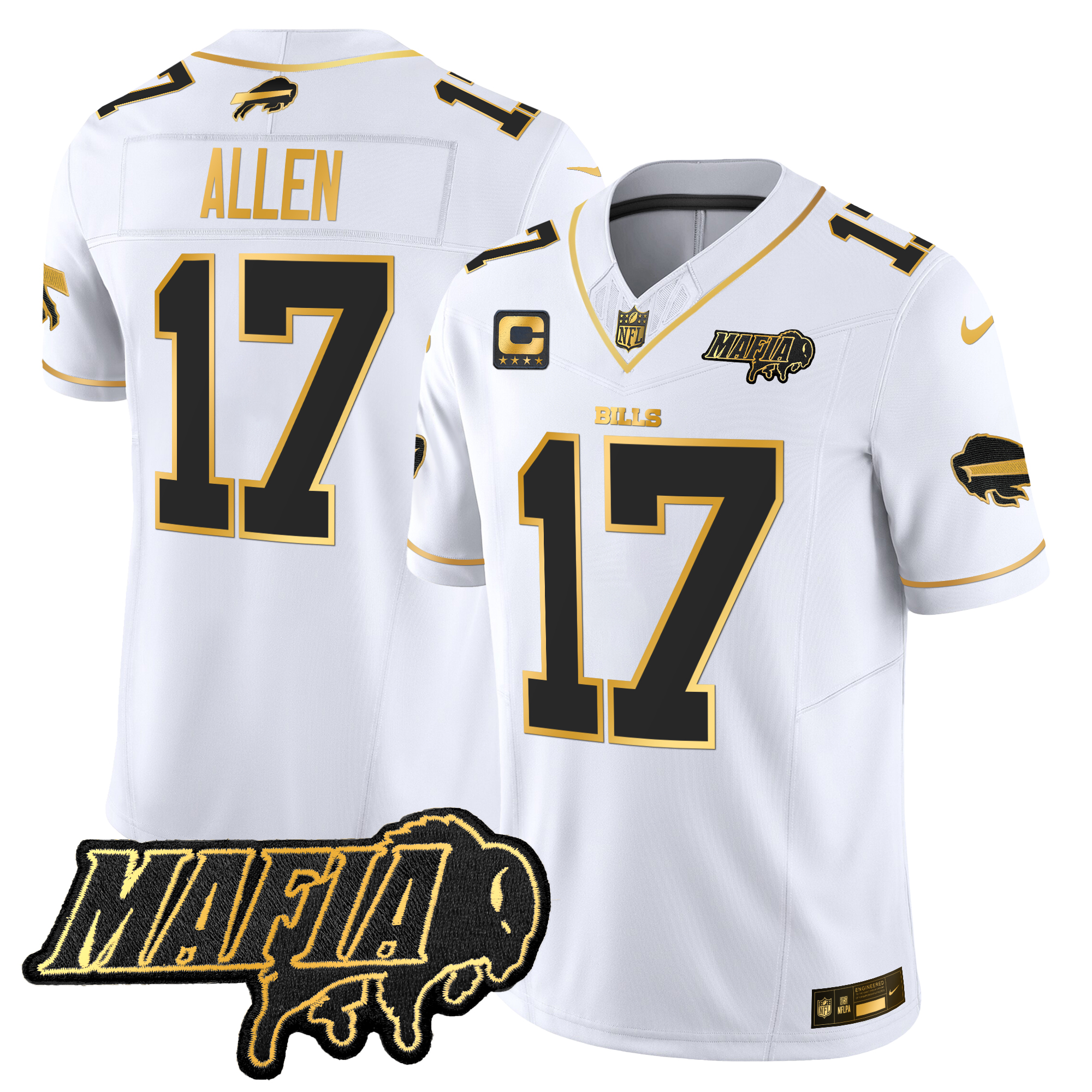 Josh Allen Men's Buffalo Bills 2024 Buffalo Bills Mafia Patch Gold Vapor Limited White Gold Jersey - All Stitched