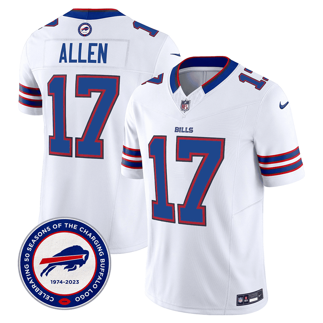 Josh Allen Men's Buffalo Bills 50th Charging Logo Patch Vapor Limited White Jersey - All Stitched