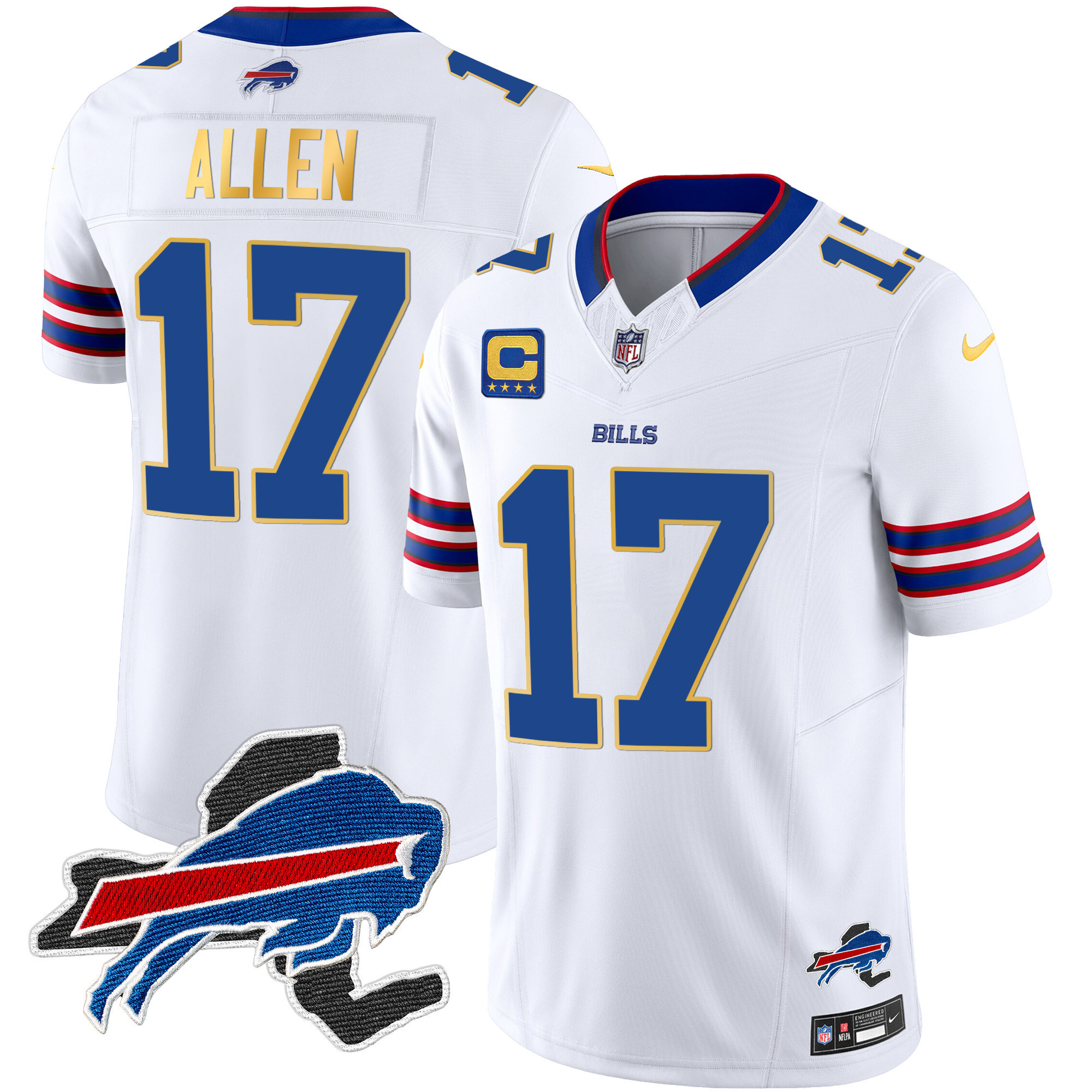 Josh Allen Men's Buffalo Bills New York Patch Gold Trim Vapor White Jersey - All Stitched