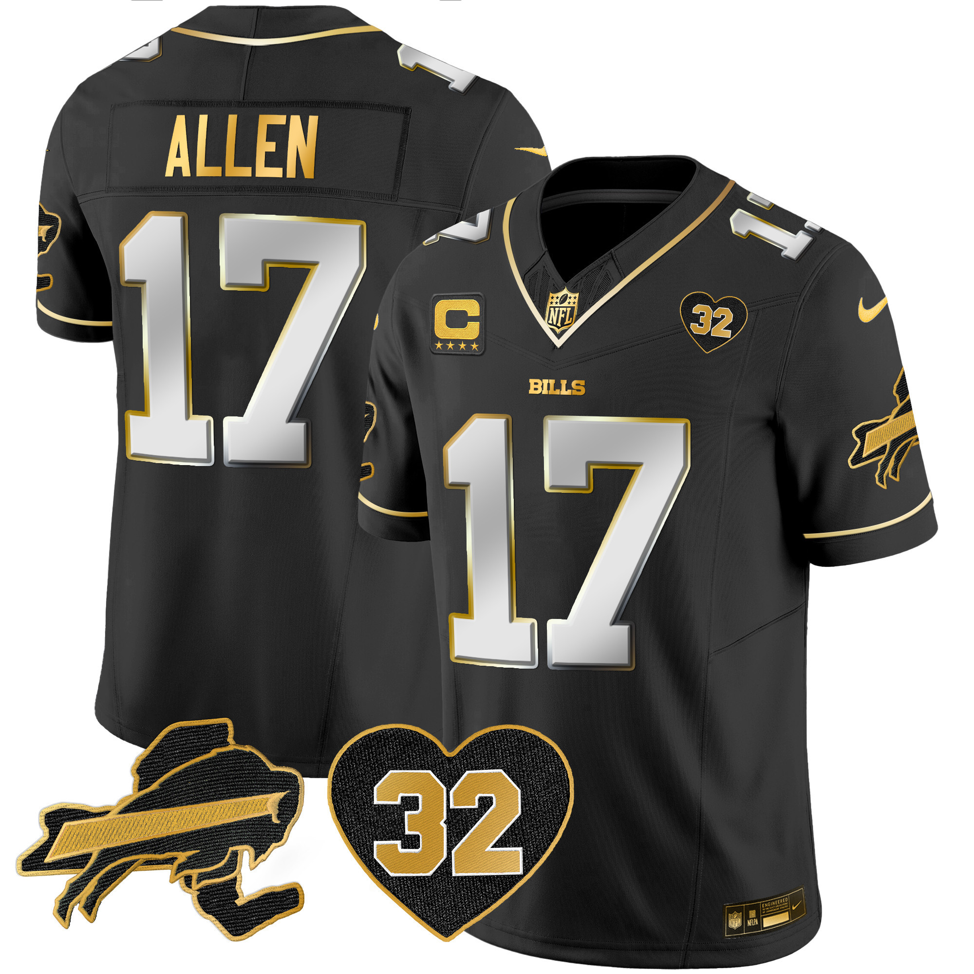 Josh Allen Men's Buffalo Bills O.J. Simpson Patch Gold Vapor Limited Black Limited Jersey - All Stitched