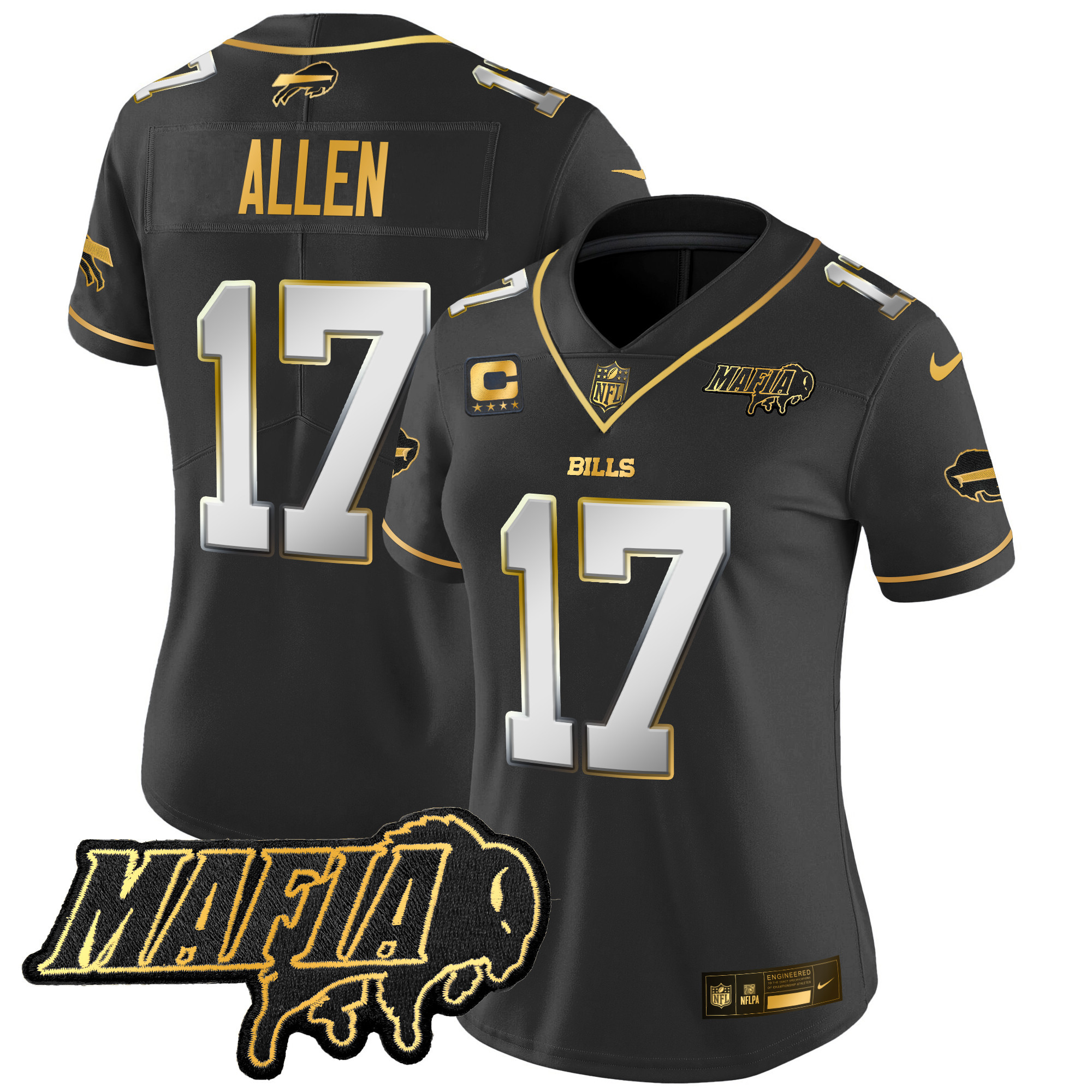 Josh Allen Women's Buffalo Bills 2024 Buffalo Bills Mafia Patch Gold Vapor Limited Black Limited Jersey - All Stitched