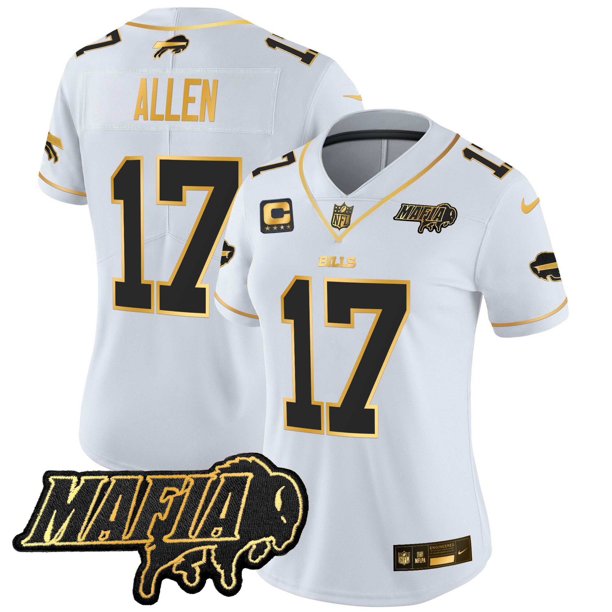 Josh Allen Women's Buffalo Bills 2024 Buffalo Bills Mafia Patch Gold Vapor Limited White Gold Jersey - All Stitched