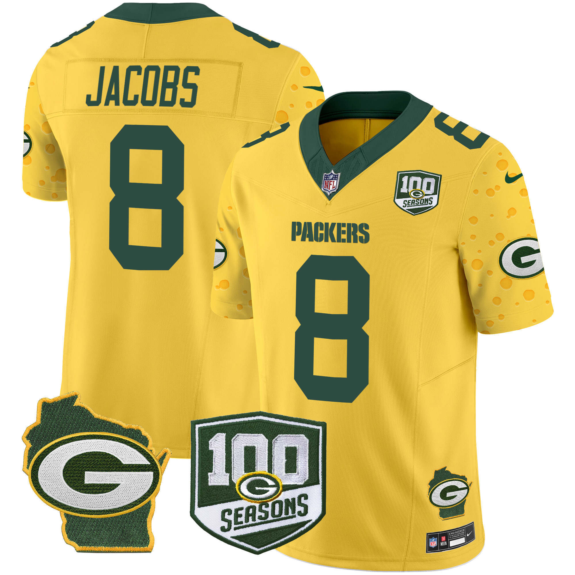 Josh Jacobs Men's Green Bay Packers 100th Season & Home Patch Cheese Vapor Limited Jersey Ã¢â‚¬â€œ All Stitched Gold Jersey - All Stitched