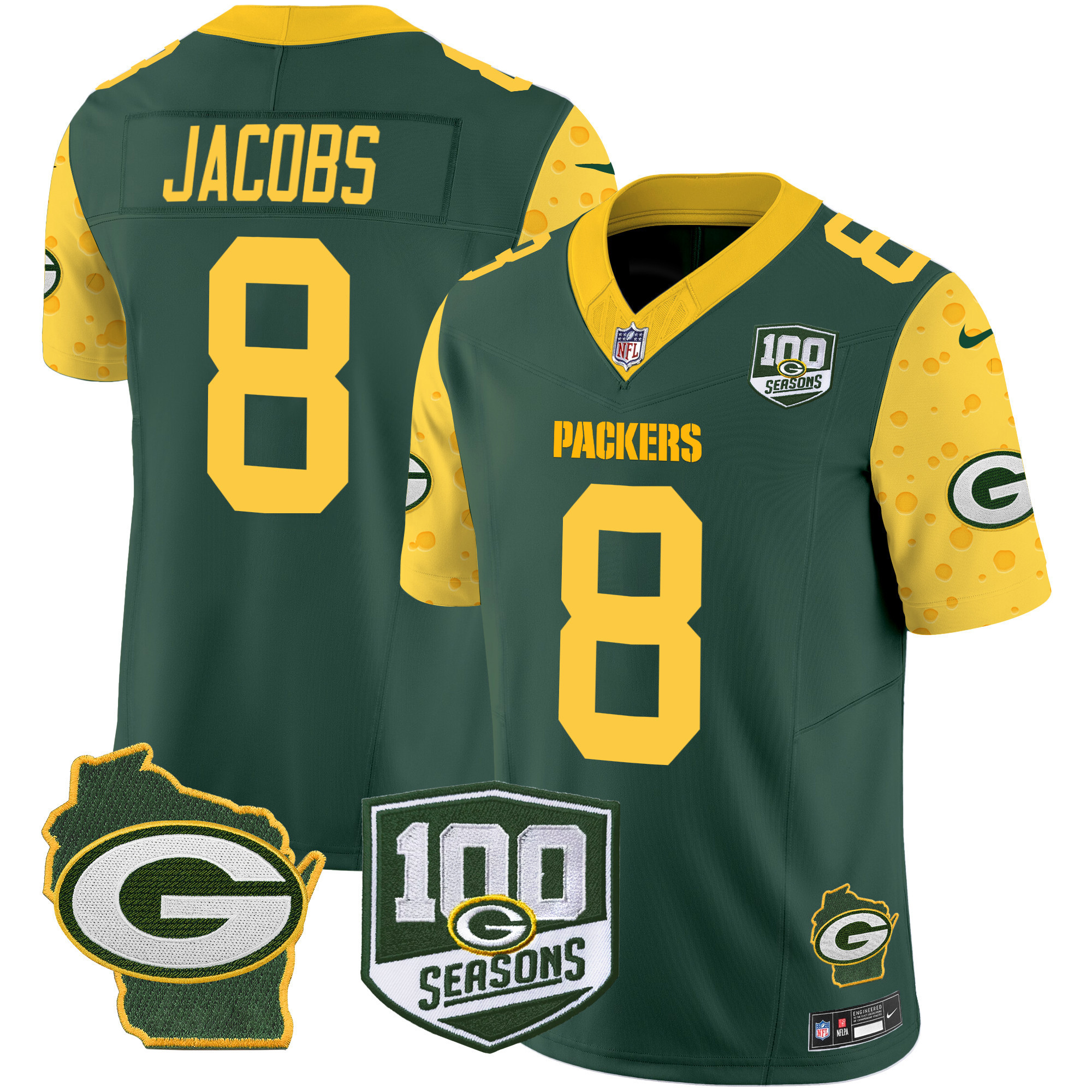 Josh Jacobs Men's Green Bay Packers 100th Season & Home Patch Cheese Vapor Limited Jersey Ã¢â‚¬â€œ All Stitched Green Jersey - All Stitched