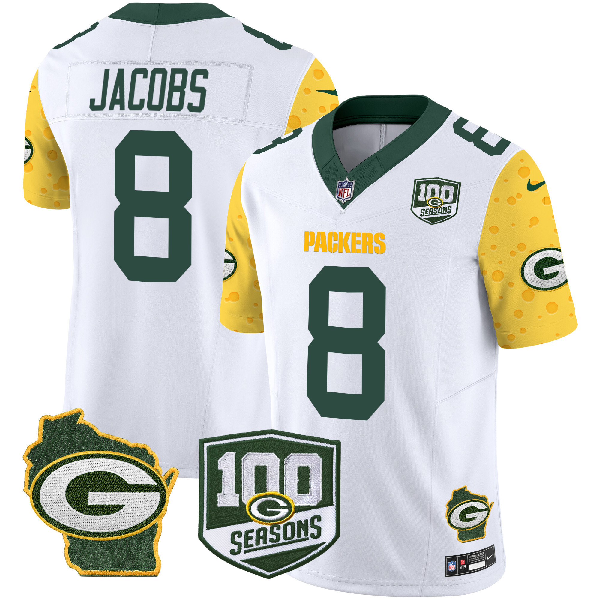 Josh Jacobs Men's Green Bay Packers 100th Season & Home Patch Cheese Vapor Limited Jersey Ã¢â‚¬â€œ All Stitched White Jersey - All Stitched