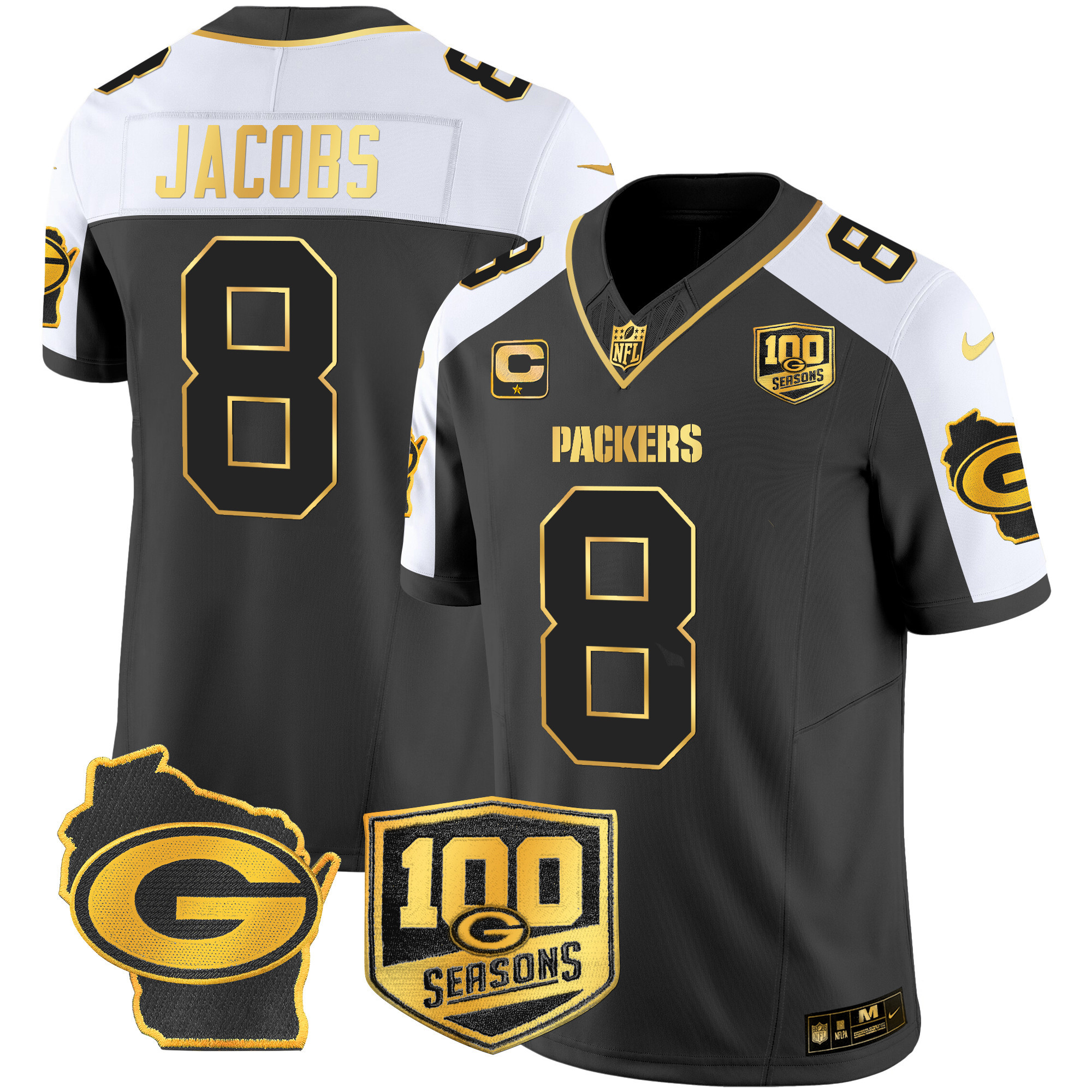 Josh Jacobs Men's Green Bay Packers 100th Season & Home Patch Gold Vapor Limited Jersey Ã¢â‚¬â€œ All Stitched Alternate Jersey - All Stitched