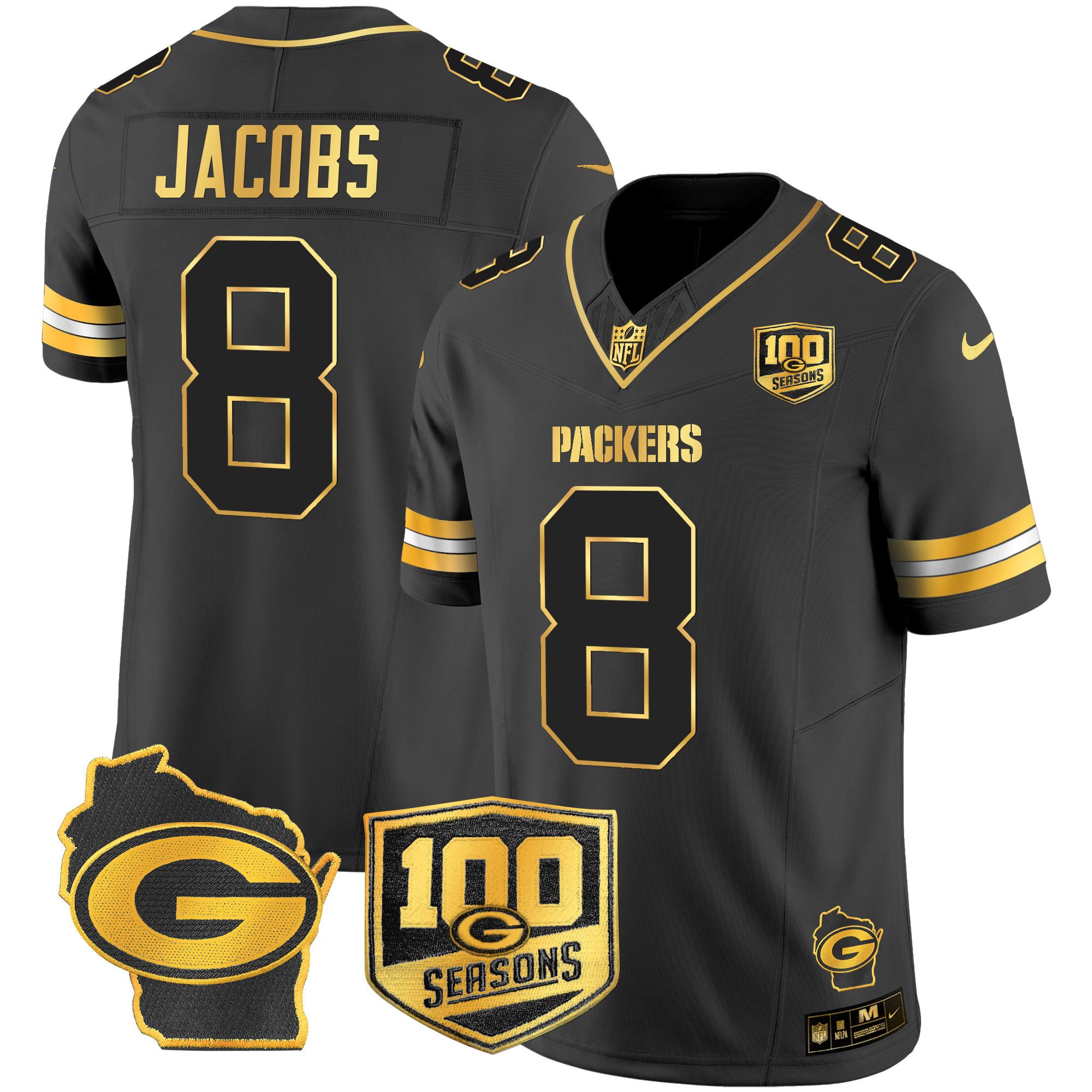 Josh Jacobs Men's Green Bay Packers 100th Season & Home Patch Gold Vapor Limited Jersey Ã¢â‚¬â€œ All Stitched Black Gold Jersey - All Stitched