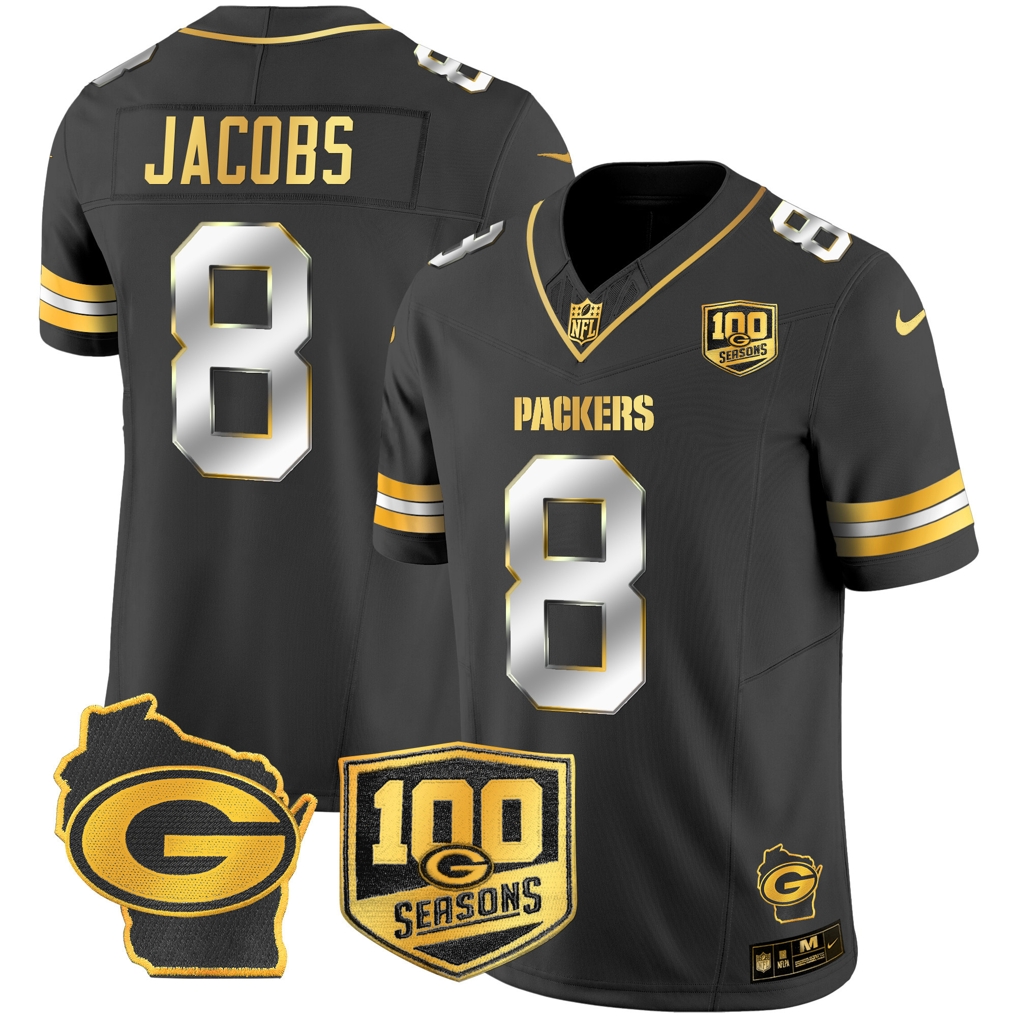 Josh Jacobs Men's Green Bay Packers 100th Season & Home Patch Gold Vapor Limited Jersey Ã¢â‚¬â€œ All Stitched Black Limited Jersey - All Stitched
