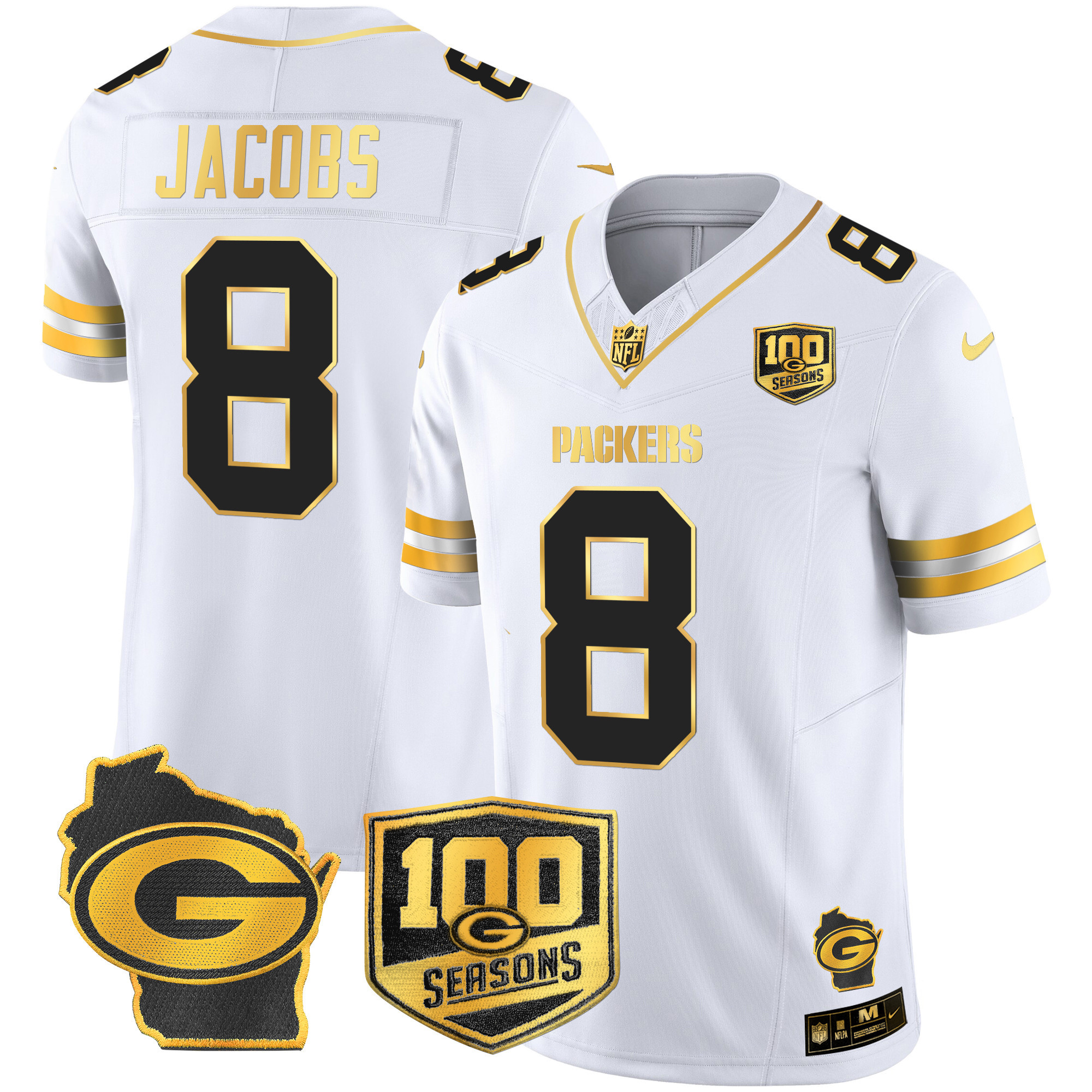 Josh Jacobs Men's Green Bay Packers 100th Season & Home Patch Gold Vapor Limited Jersey Ã¢â‚¬â€œ All Stitched White Gold Jersey - All Stitched